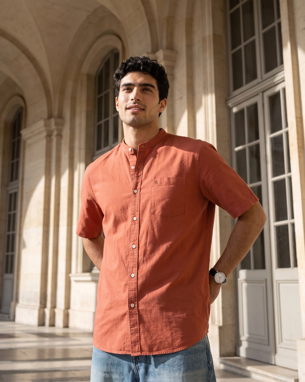 Generous Heritage Linen Chinese Collar Short Sleeve Shirt - Teak