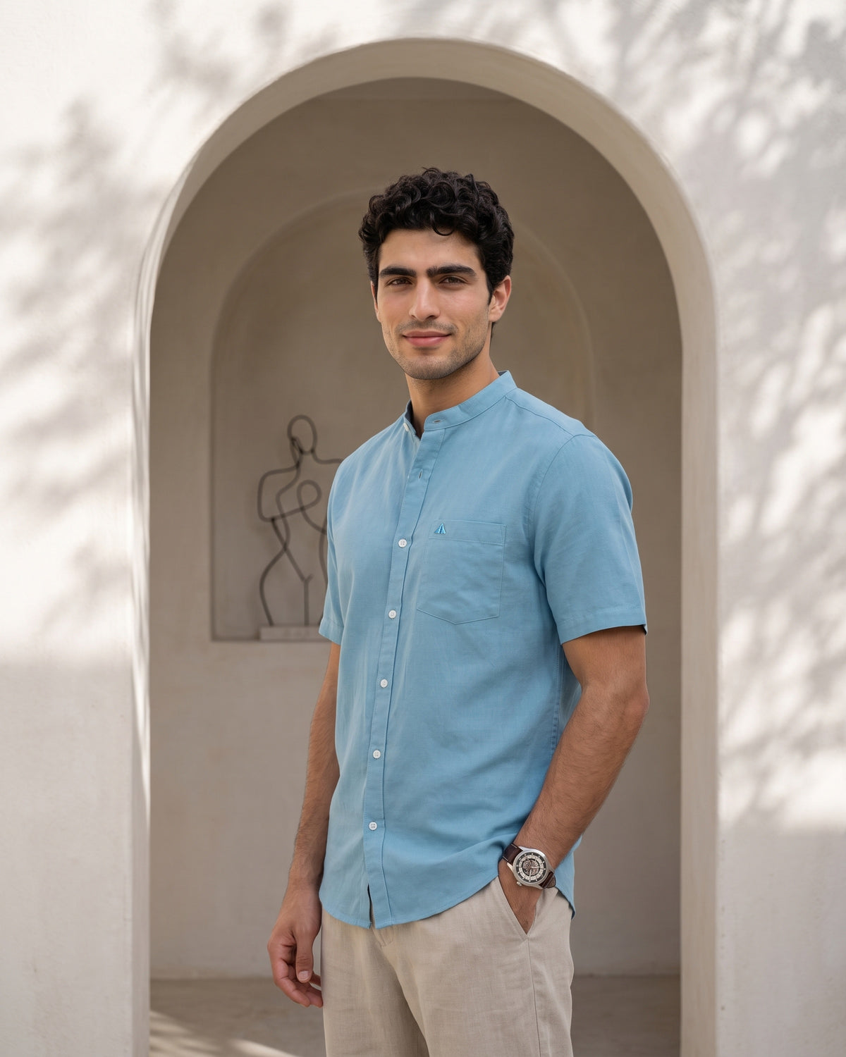 Generous Heritage Linen Chinese Collar Short Sleeve Shirt - Harbour Blue