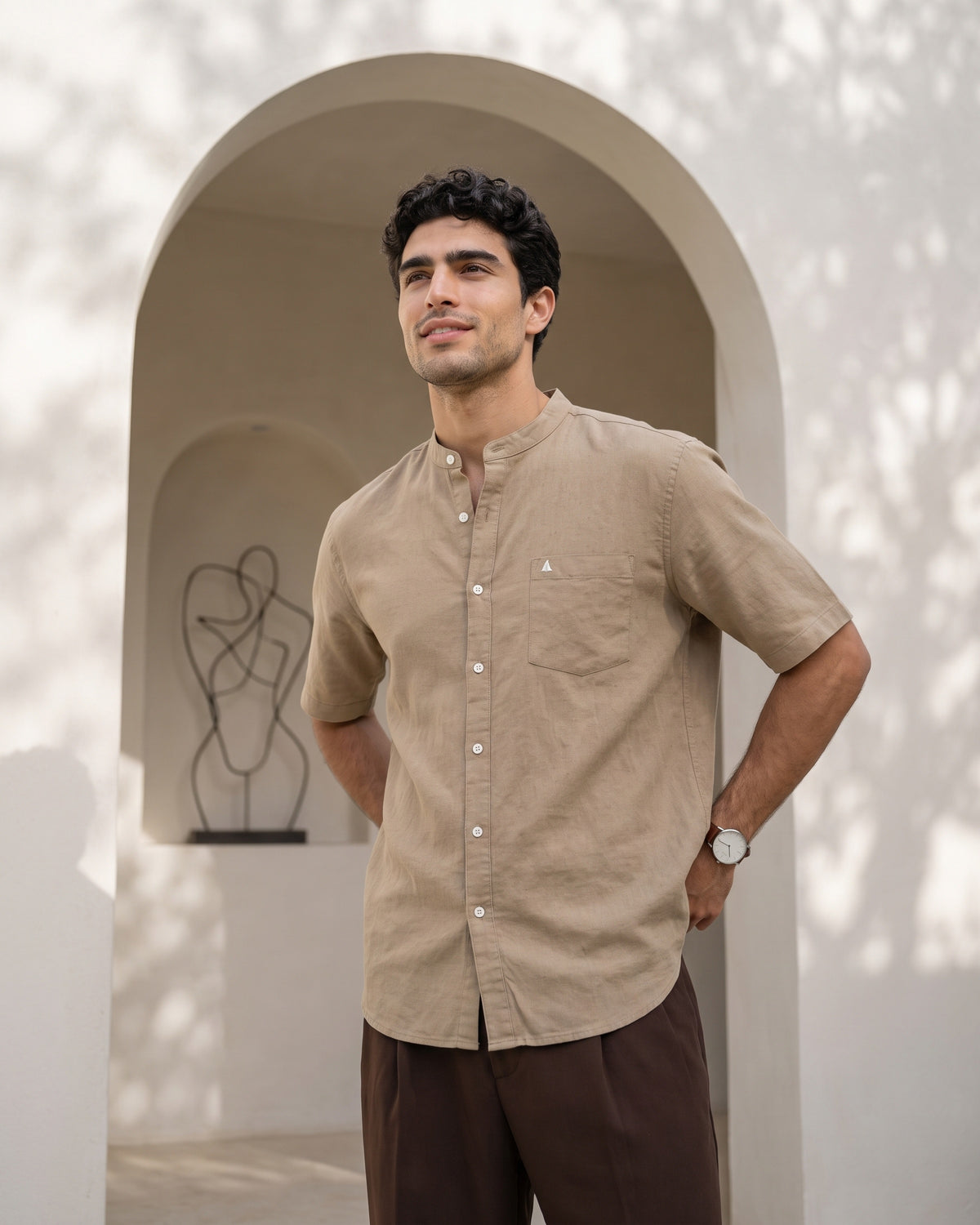 Generous Heritage Linen Chinese Collar Short Sleeve Shirt - Sand