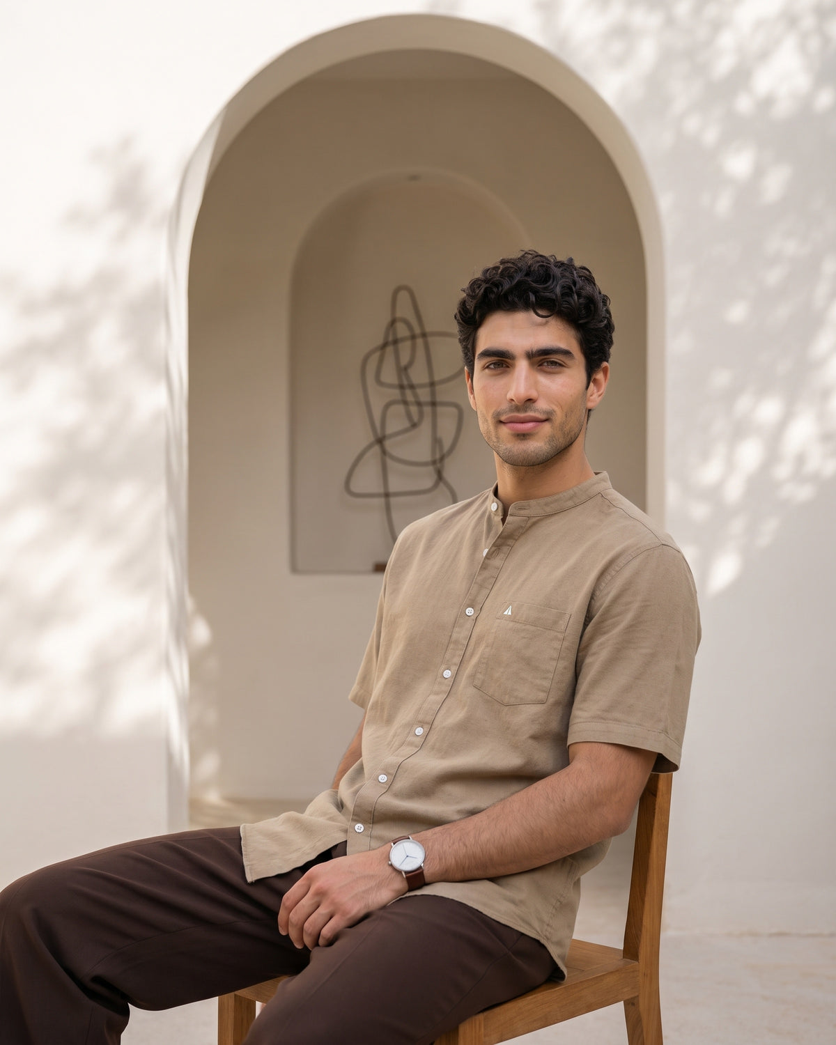 Generous Heritage Linen Chinese Collar Short Sleeve Shirt - Sand