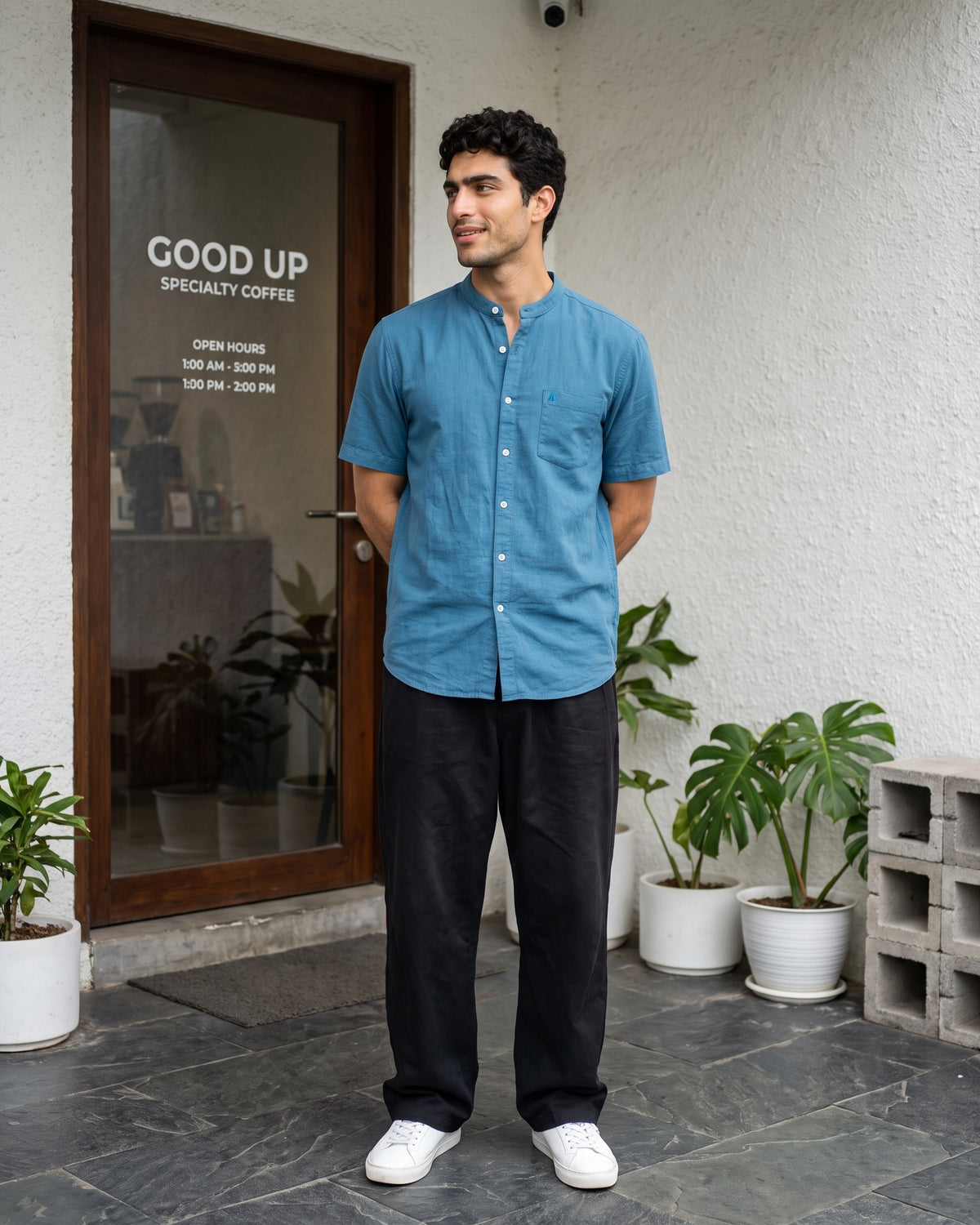 Generous Heritage Linen Chinese Collar Short Sleeve Shirt - Deep Teal