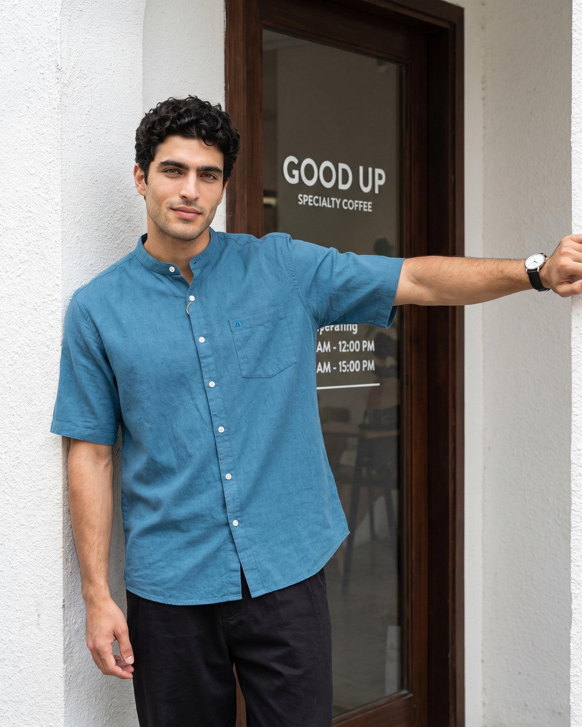 Generous Heritage Linen Chinese Collar Short Sleeve Shirt - Deep Teal