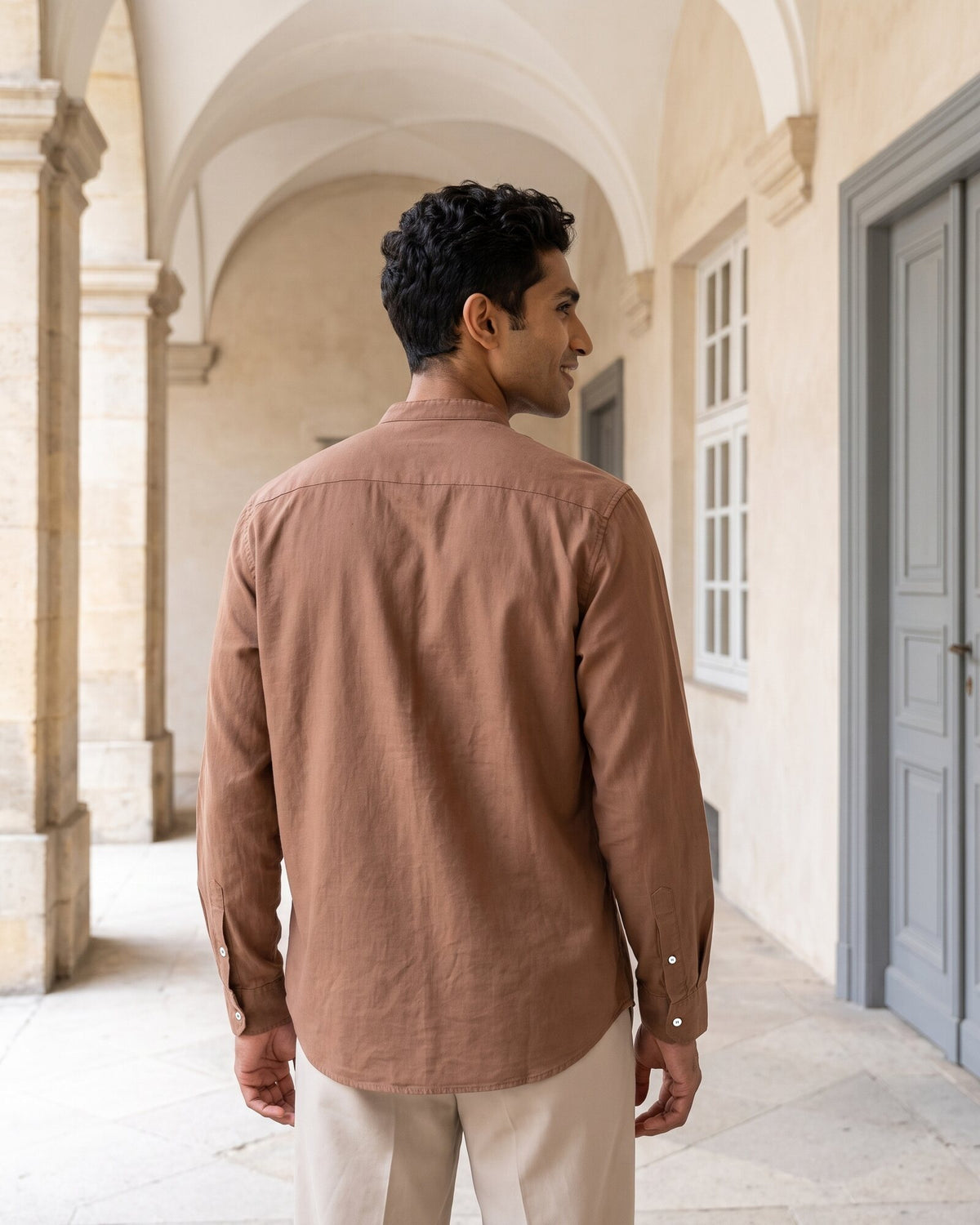 Heritage Linen Chinese Collar Long Sleeve Shirt – Warm Tobacco (2 of 5)