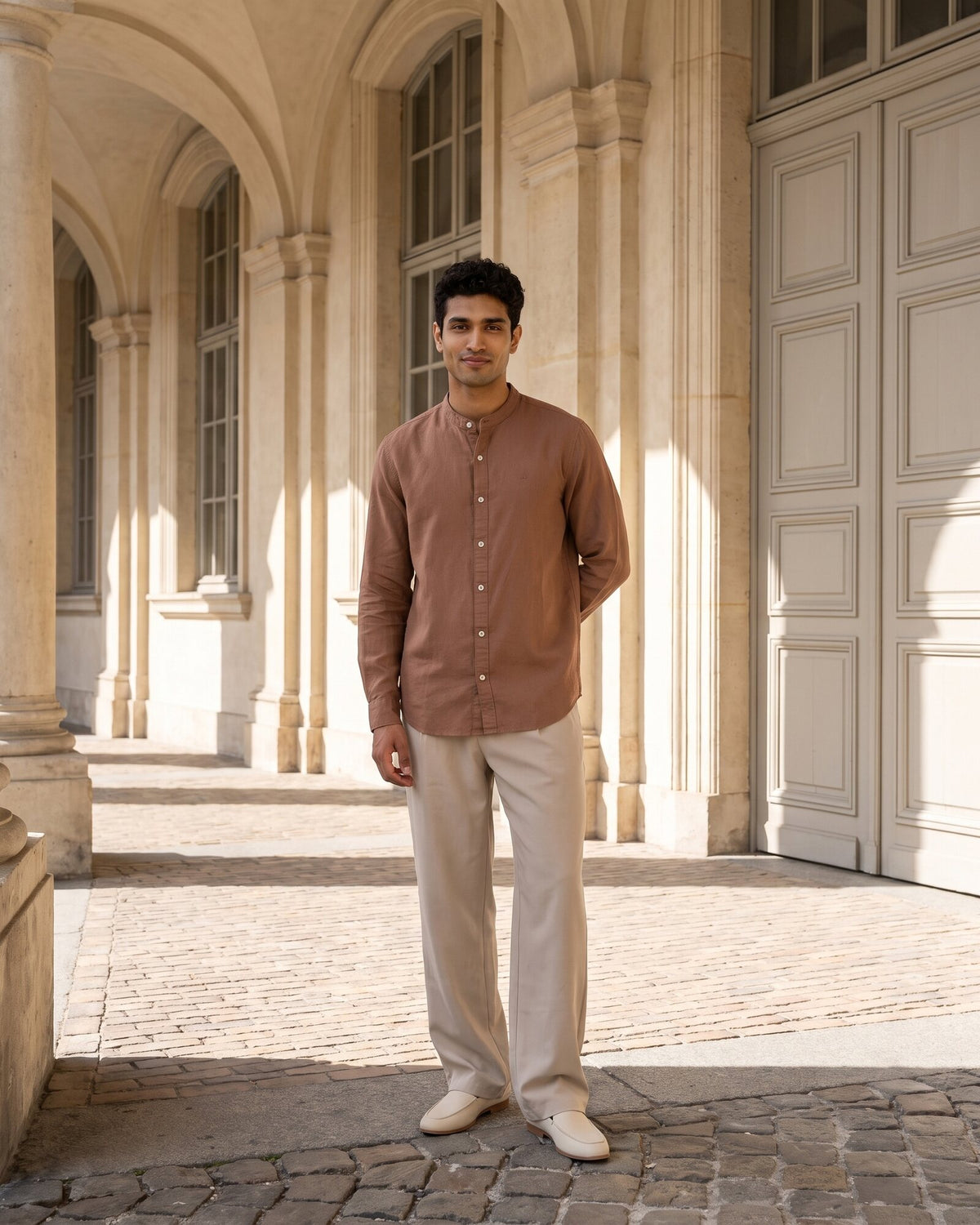 Heritage Linen Chinese Collar Long Sleeve Shirt – Warm Tobacco (5 of 5)