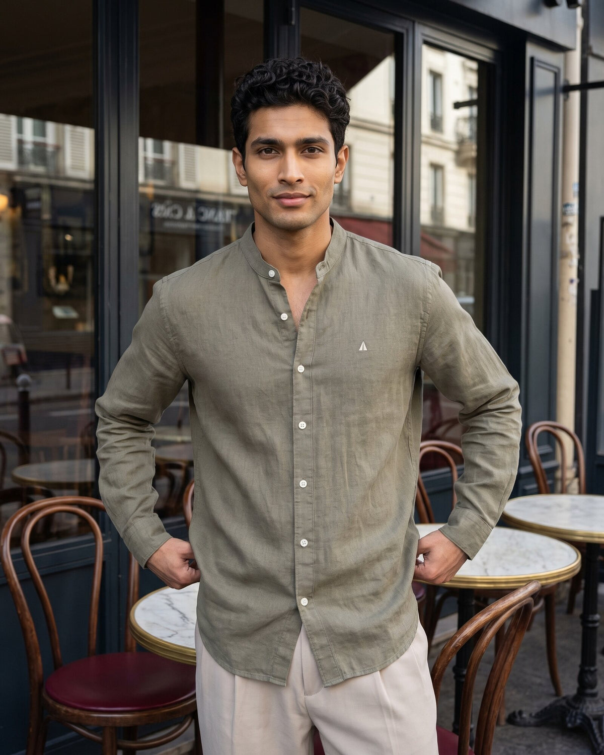 Heritage Linen Chinese Collar Long Sleeve Shirt – Moss Reserve (4 of 4)