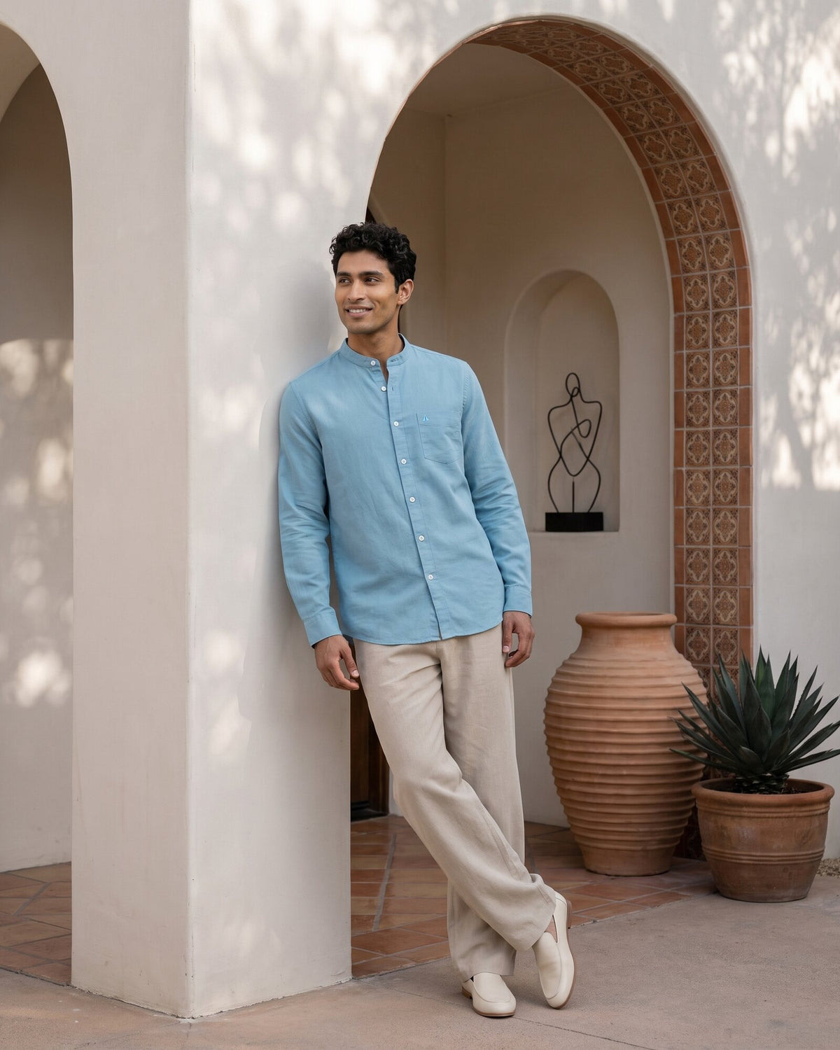 Heritage Linen Chinese Collar Long Sleeve Shirt – Coral (1 of 4)