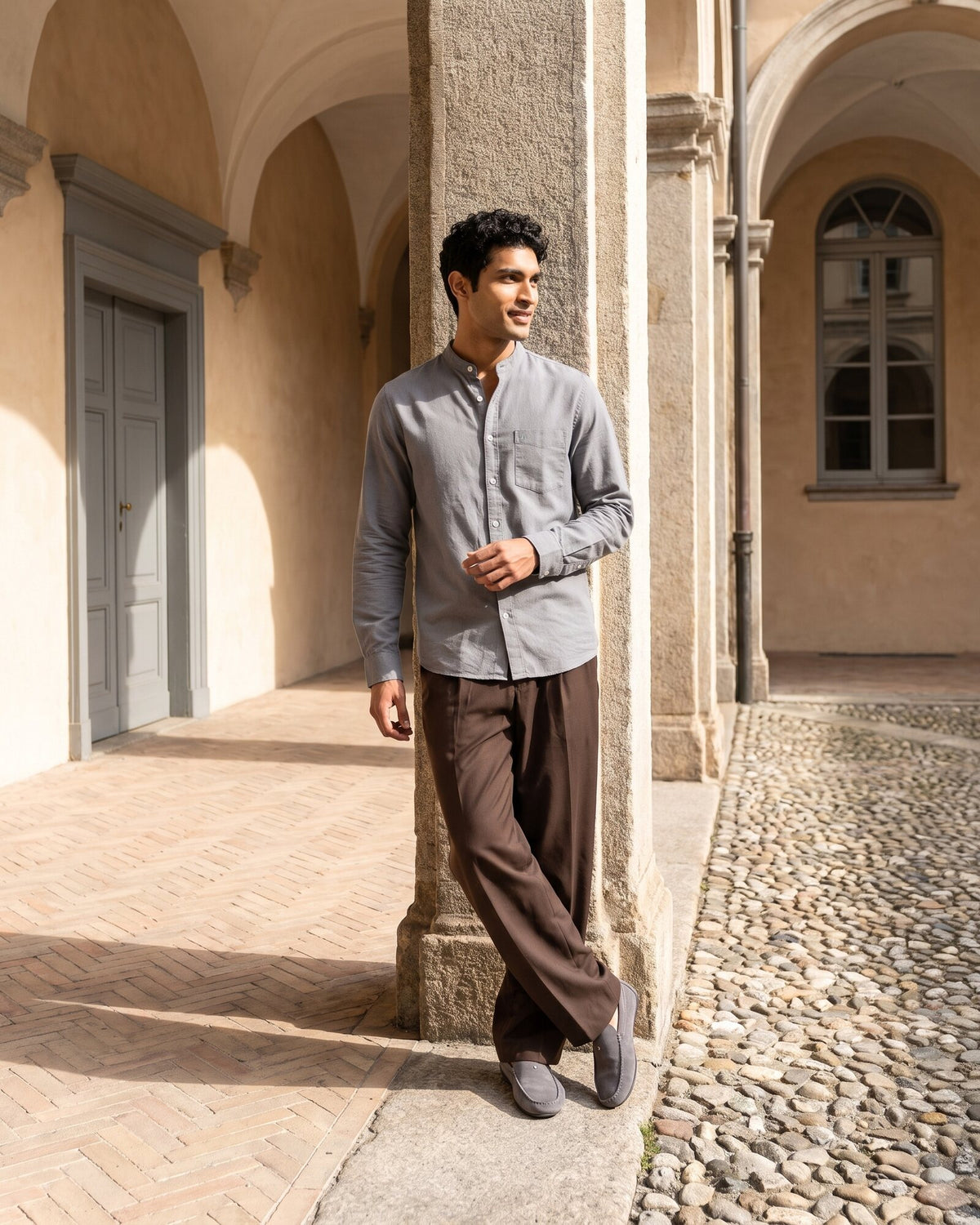 Heritage Linen Chinese Collar Long Sleeve Shirt – Graphite (1 of 4)