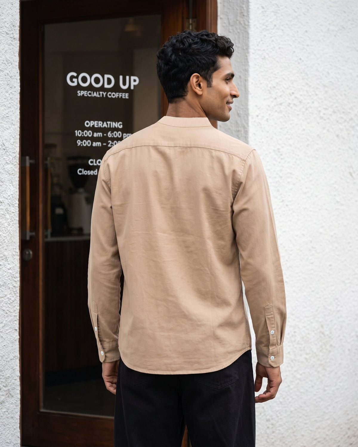 Heritage Linen Chinese Collar Long Sleeve Shirt – Dark Caramel (2 of 4)