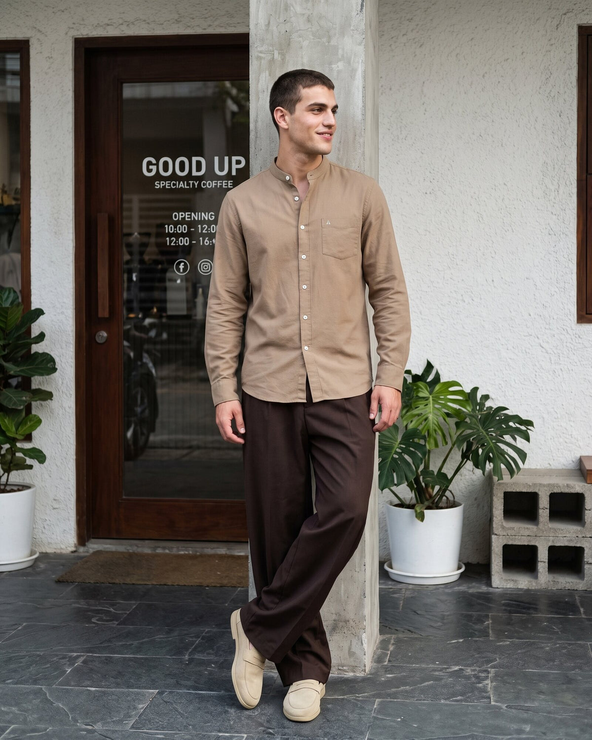 Heritage Linen Chinese Collar Long Sleeve Shirt – Desert Khaki (1 of 4)