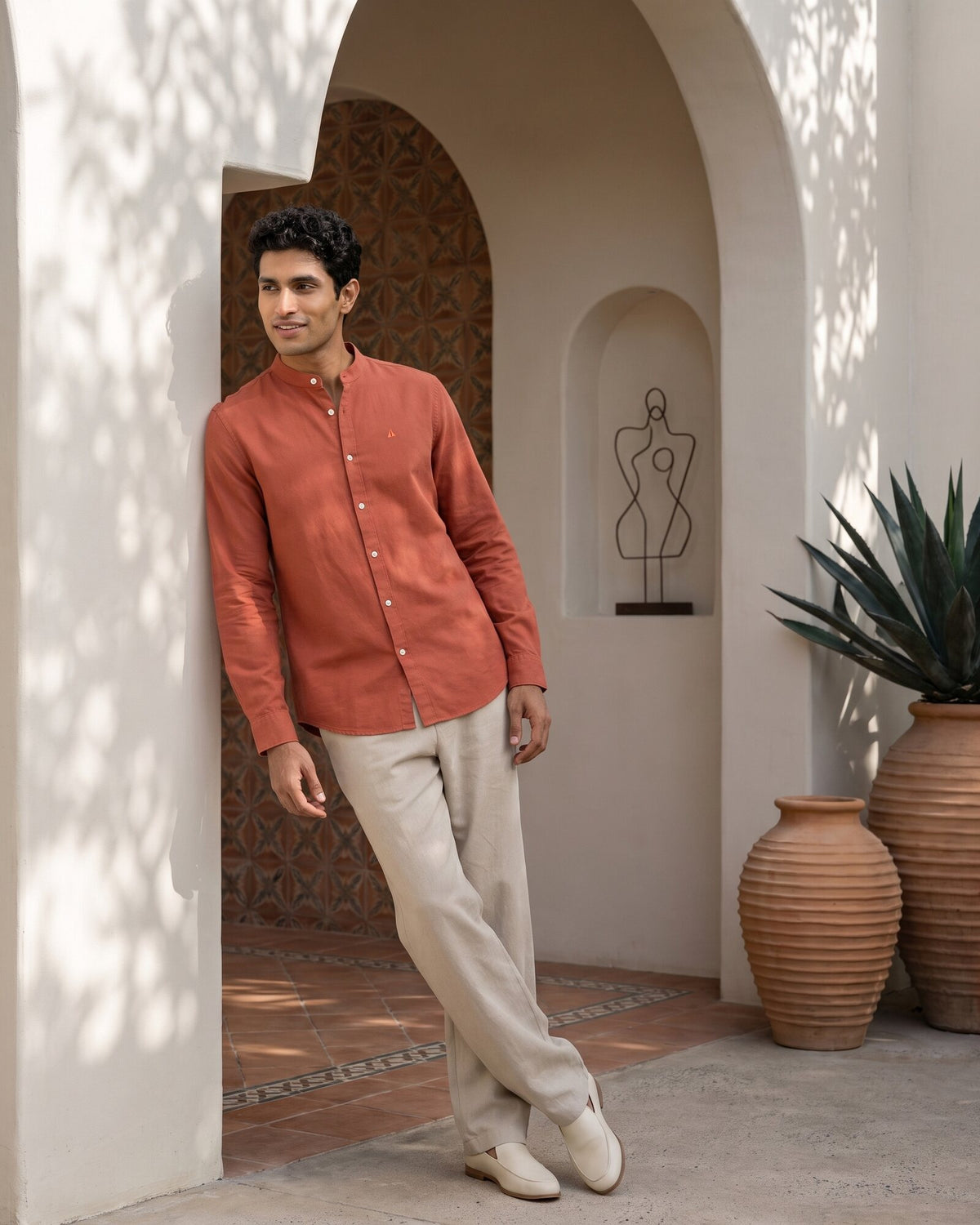 Heritage Linen Chinese Collar Long Sleeve Shirt – Warm Tobacco (1 of 4)