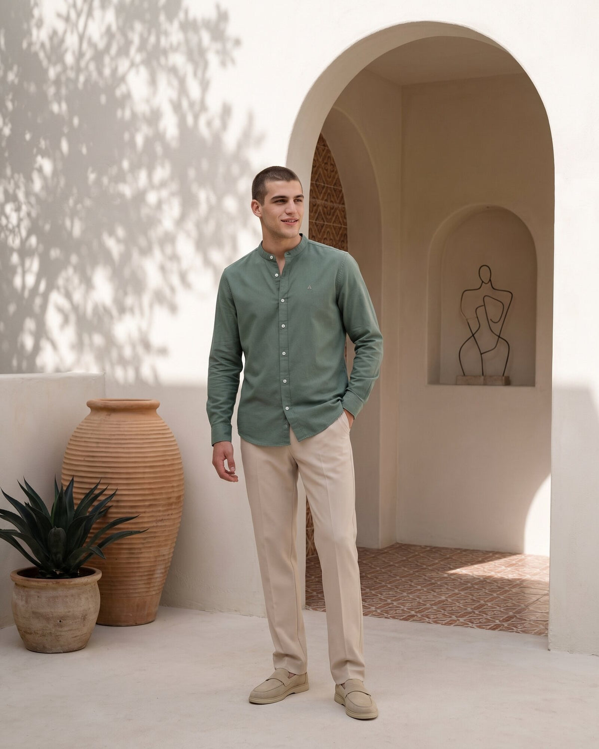 Heritage Linen Chinese Collar Long Sleeve Shirt – Moss Reserve (2 of 4)