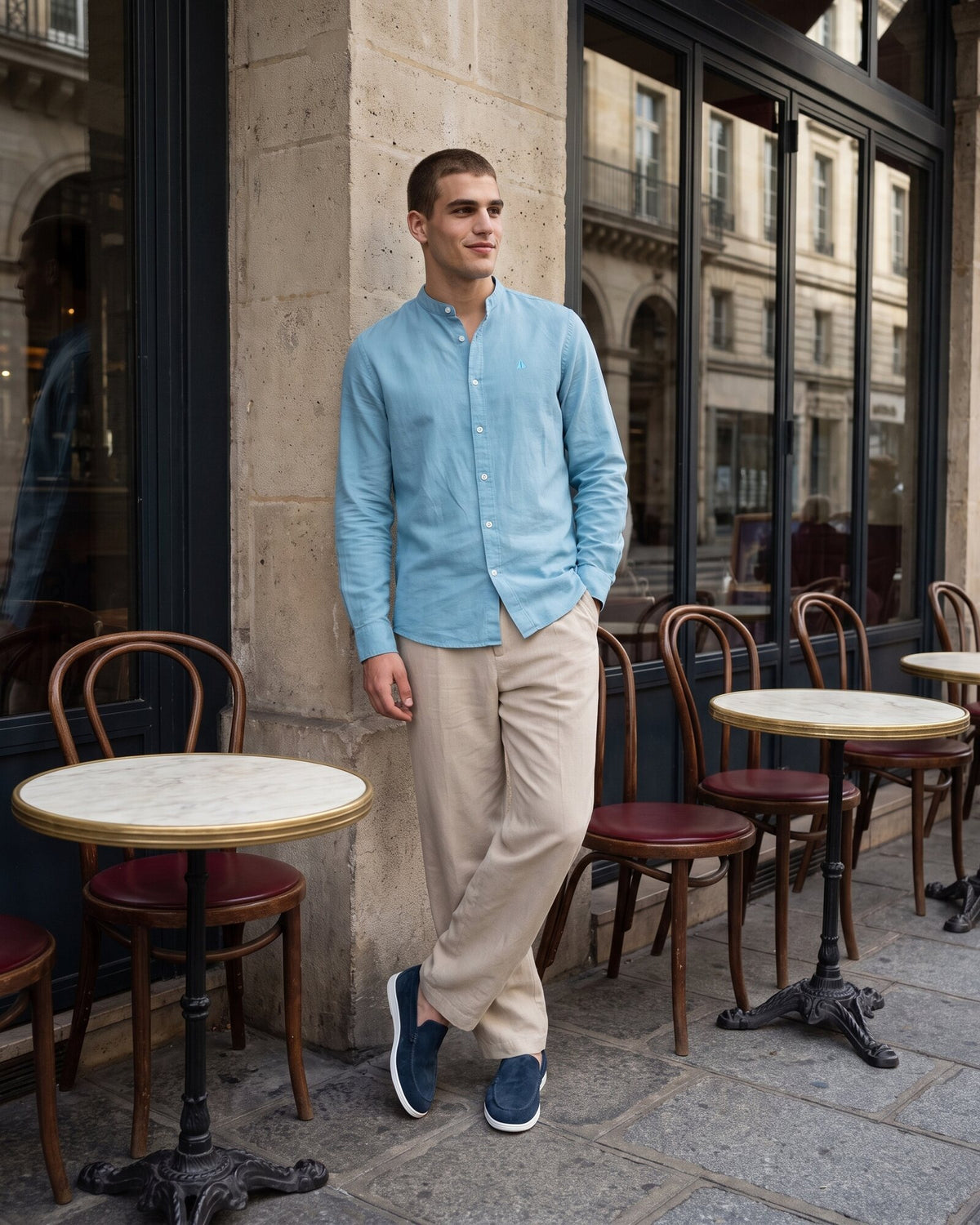 Heritage Linen Chinese Collar Long Sleeve Shirt – Coral (1 of 4)