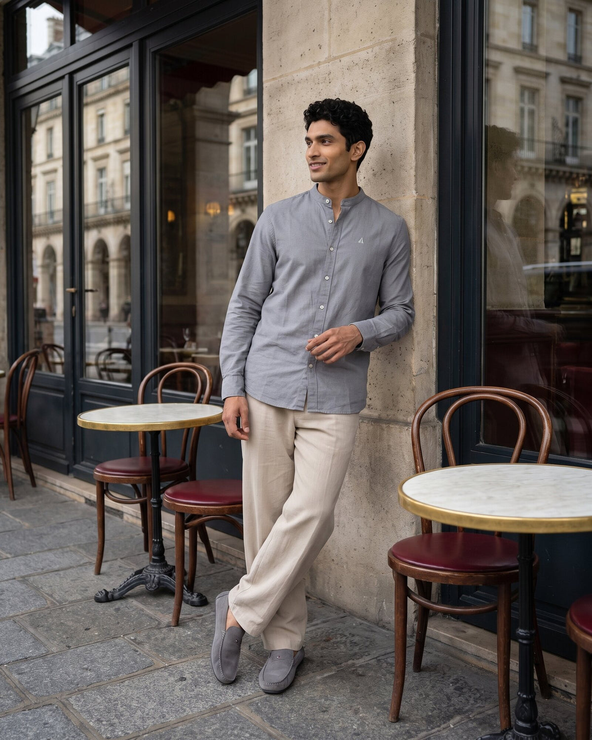 Heritage Linen Chinese Collar Long Sleeve Shirt – Graphite (1 of 4)