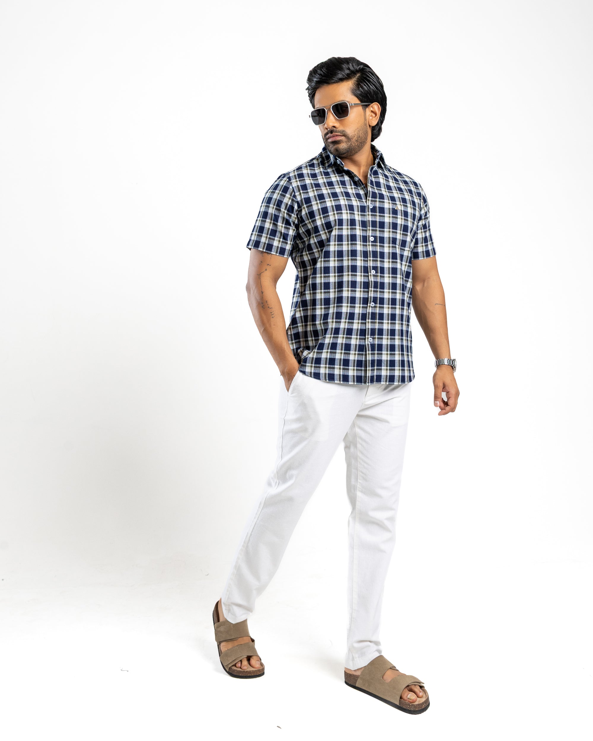 100% COTTON CHECK Short Sleeve Shirt -Forest Pine