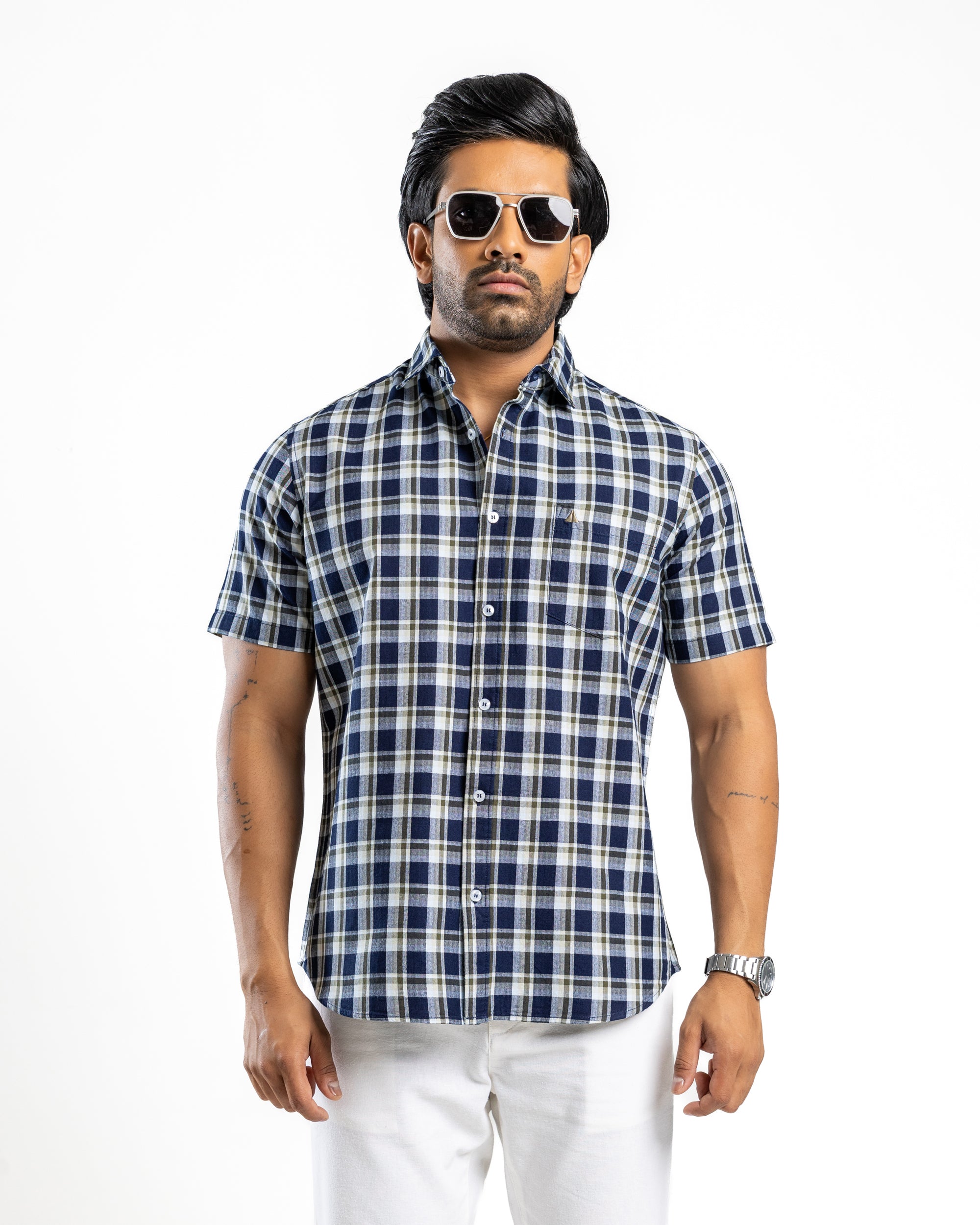 100% COTTON CHECK Short Sleeve Shirt -Forest Pine