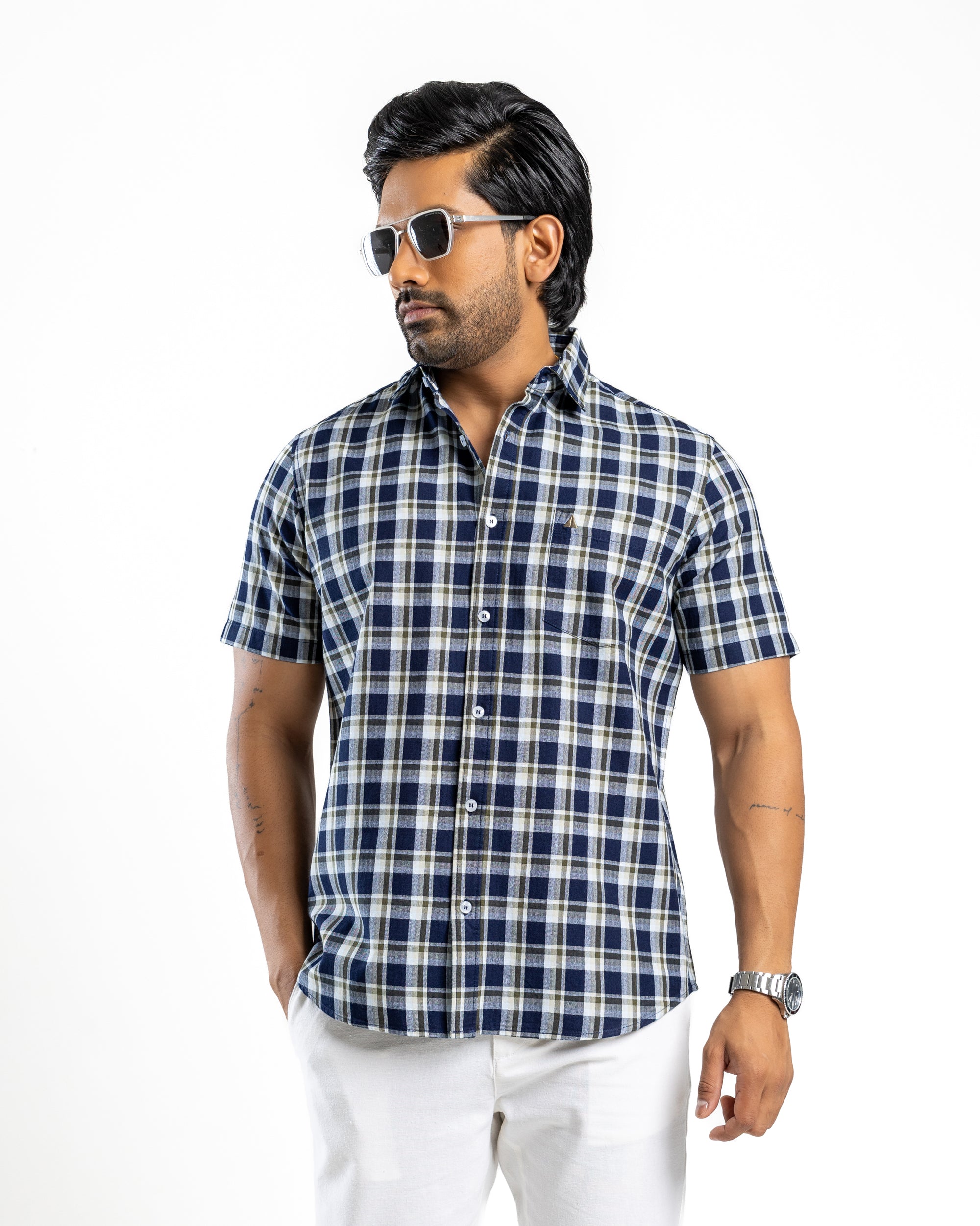 100% COTTON CHECK Short Sleeve Shirt -Forest Pine