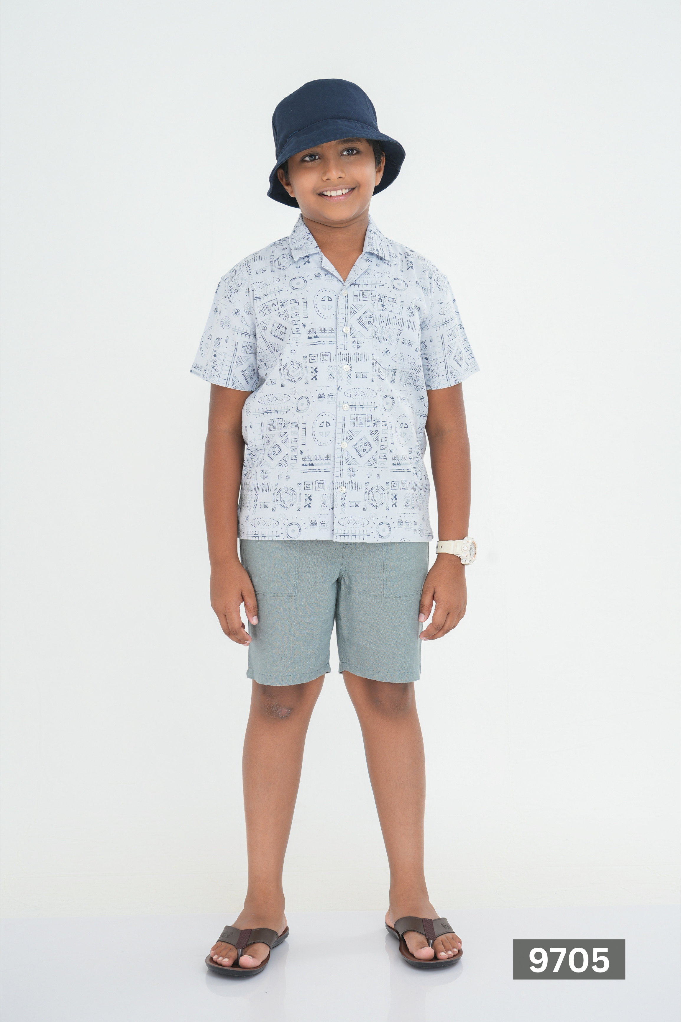 CUBAN COLLAR JUNIOR LINEN COTTON SHORT SLEEVE SHIRT - LIGHT GREY