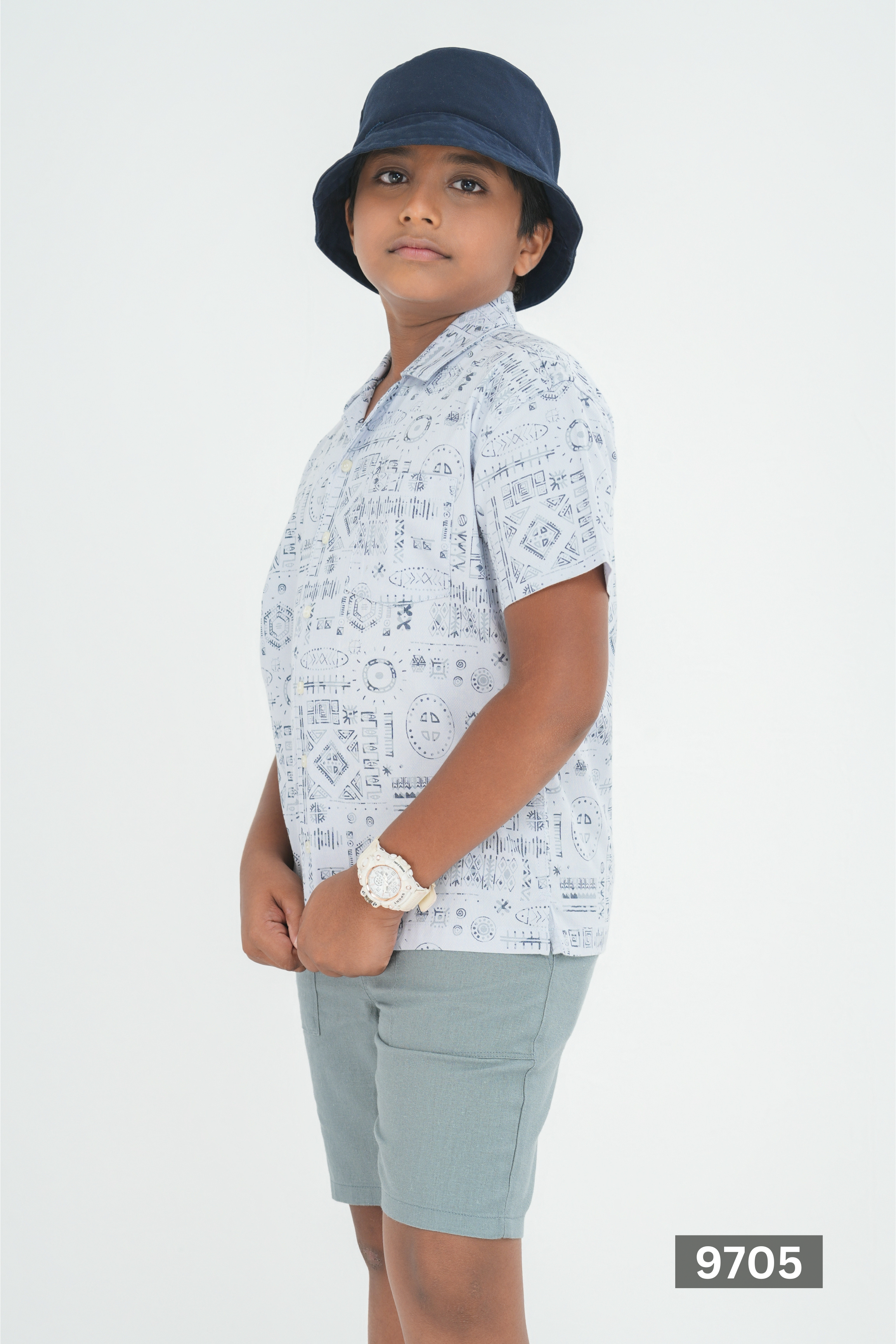 CUBAN COLLAR JUNIOR LINEN COTTON SHORT SLEEVE SHIRT - LIGHT GREY