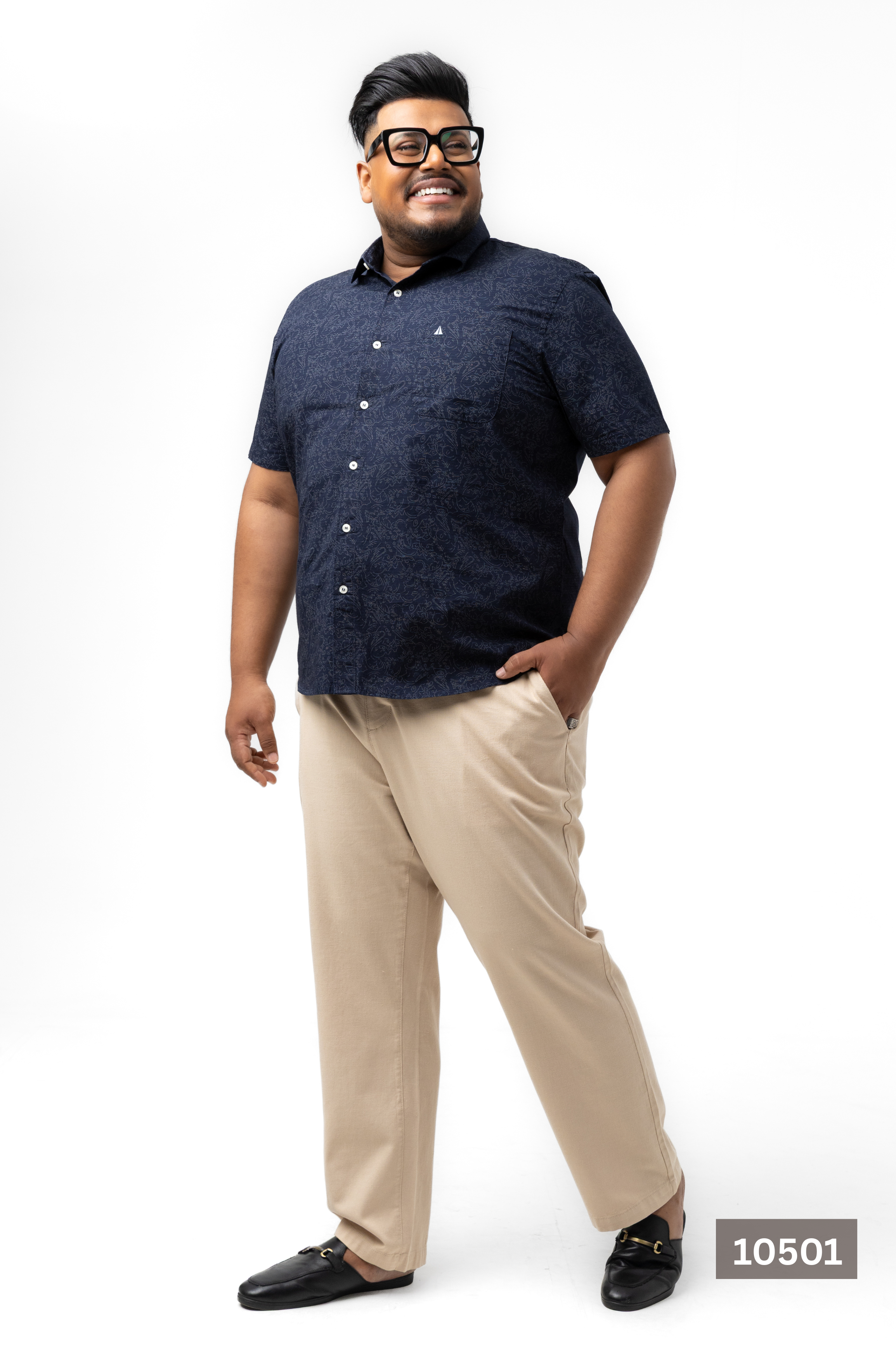 Plus Size Cotton Printed Shirt – Navy Line Art | AnationZ