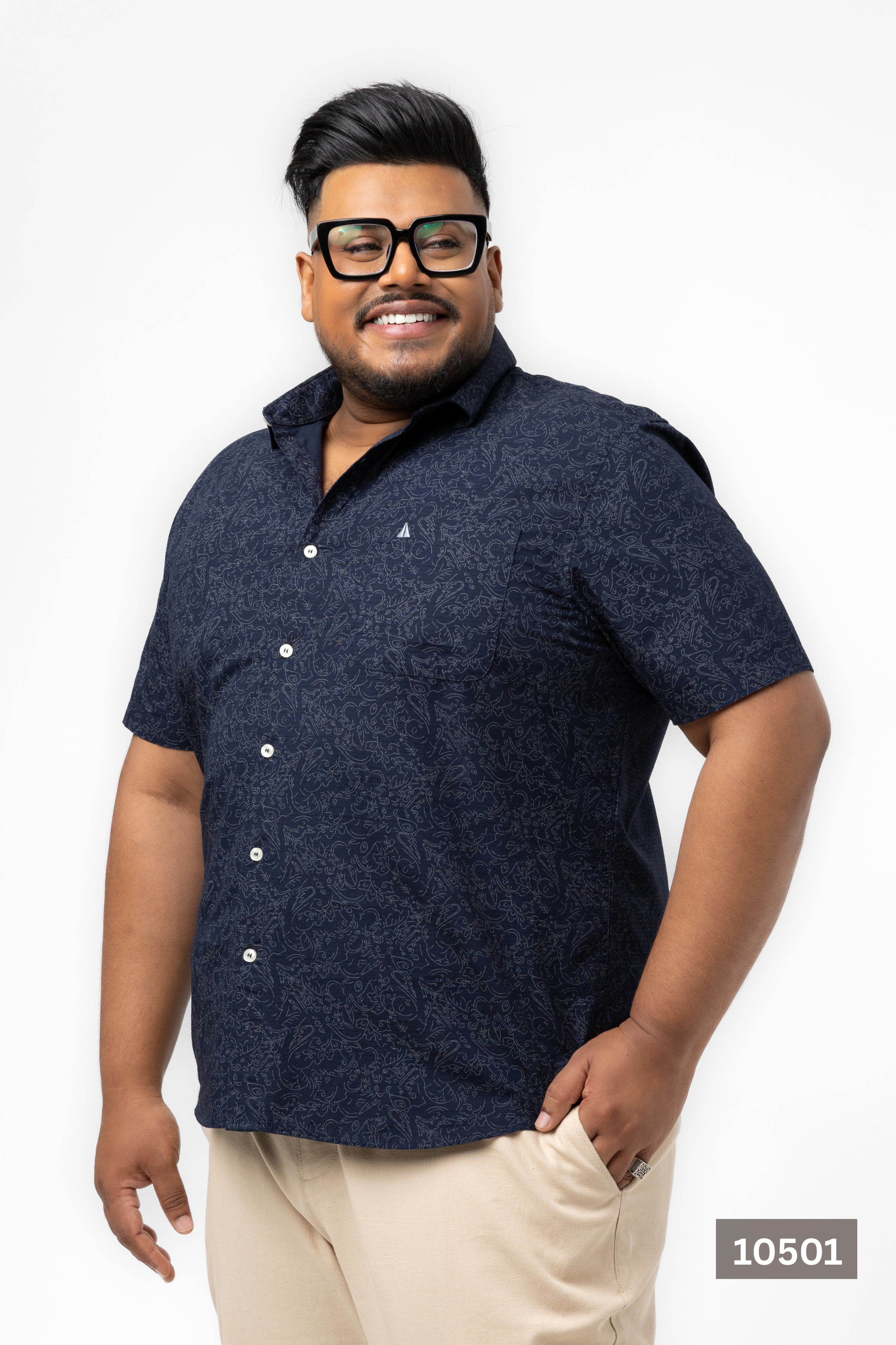 Plus Size Cotton Printed Shirt – Navy Line Art | AnationZ