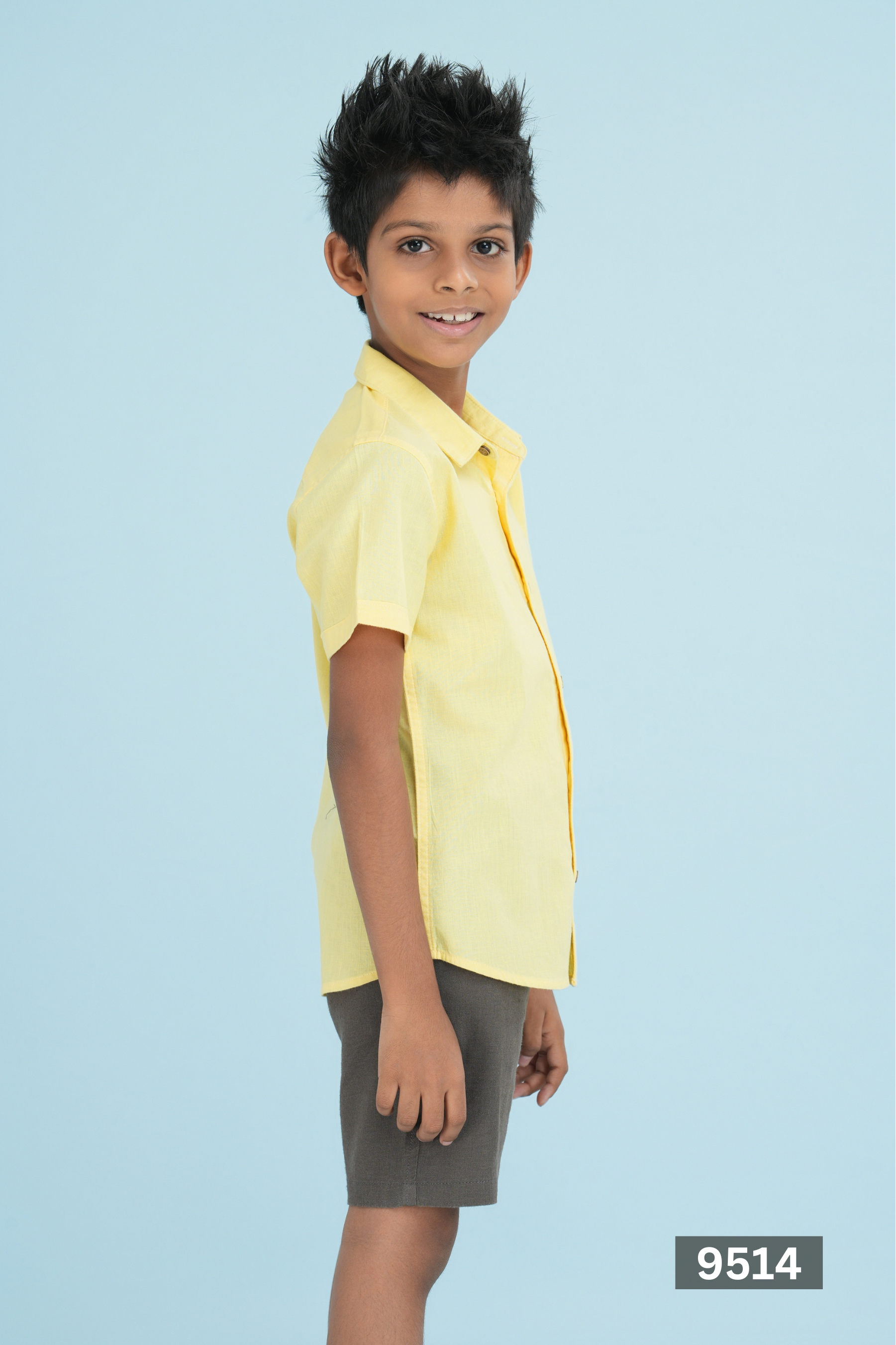 NORMAL COLLAR JUNIOR LINEN COTTON SHORT SLEEVE SHIRT - YELLOW