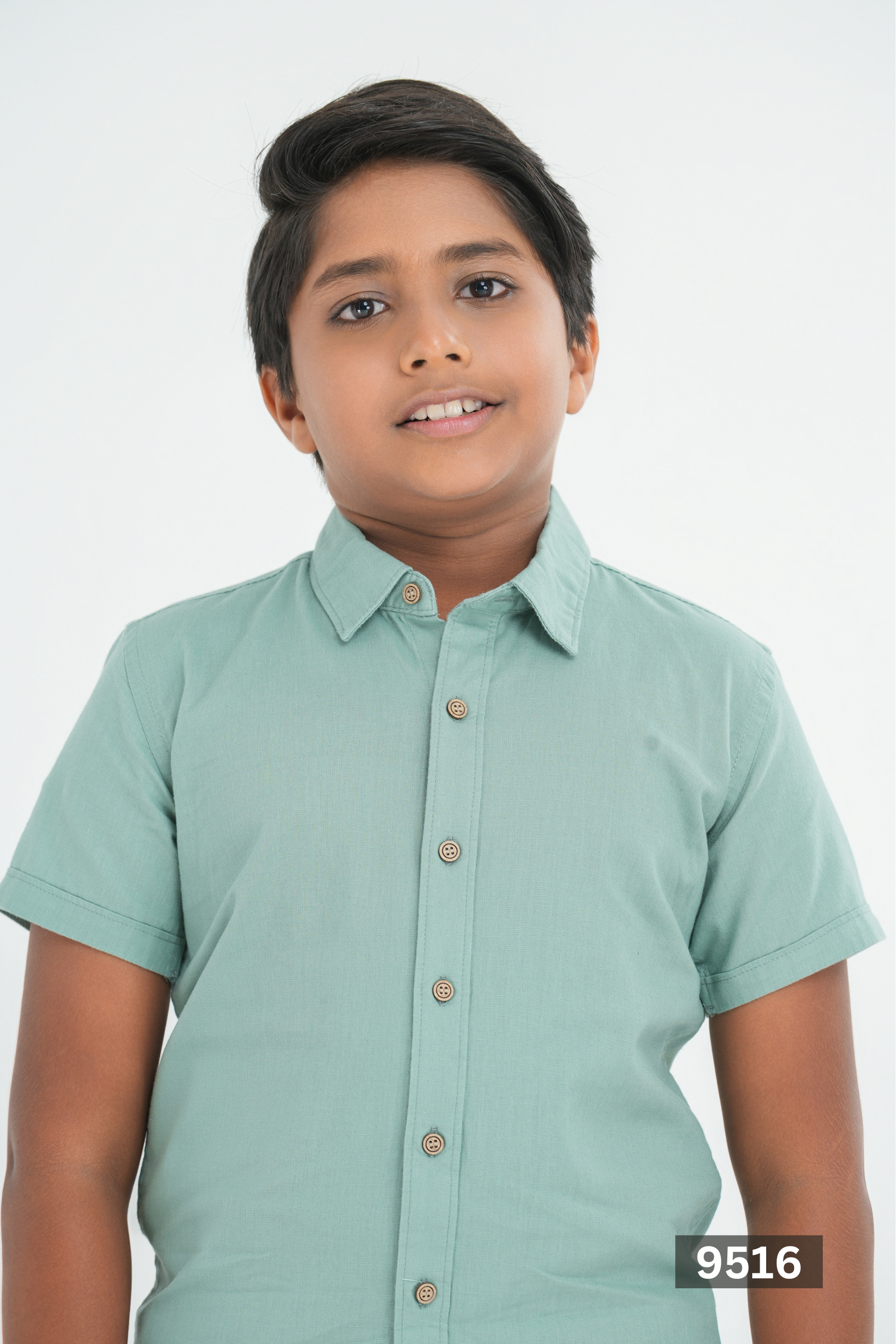 NORMAL COLLAR JUNIOR LINEN COTTON SHORT SLEEVE SHIRT - MOSS GREEN
