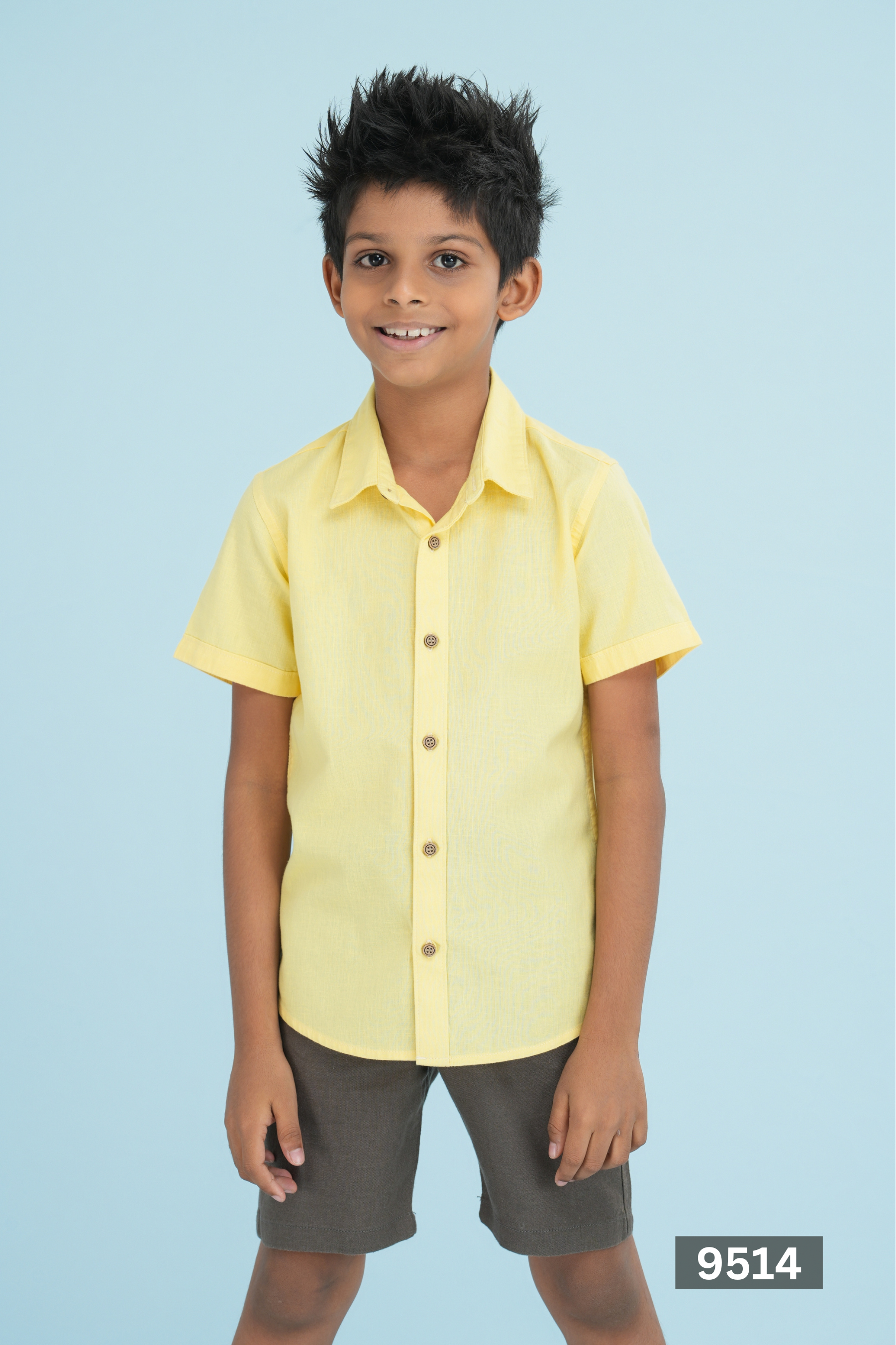 NORMAL COLLAR JUNIOR LINEN COTTON SHORT SLEEVE SHIRT - YELLOW