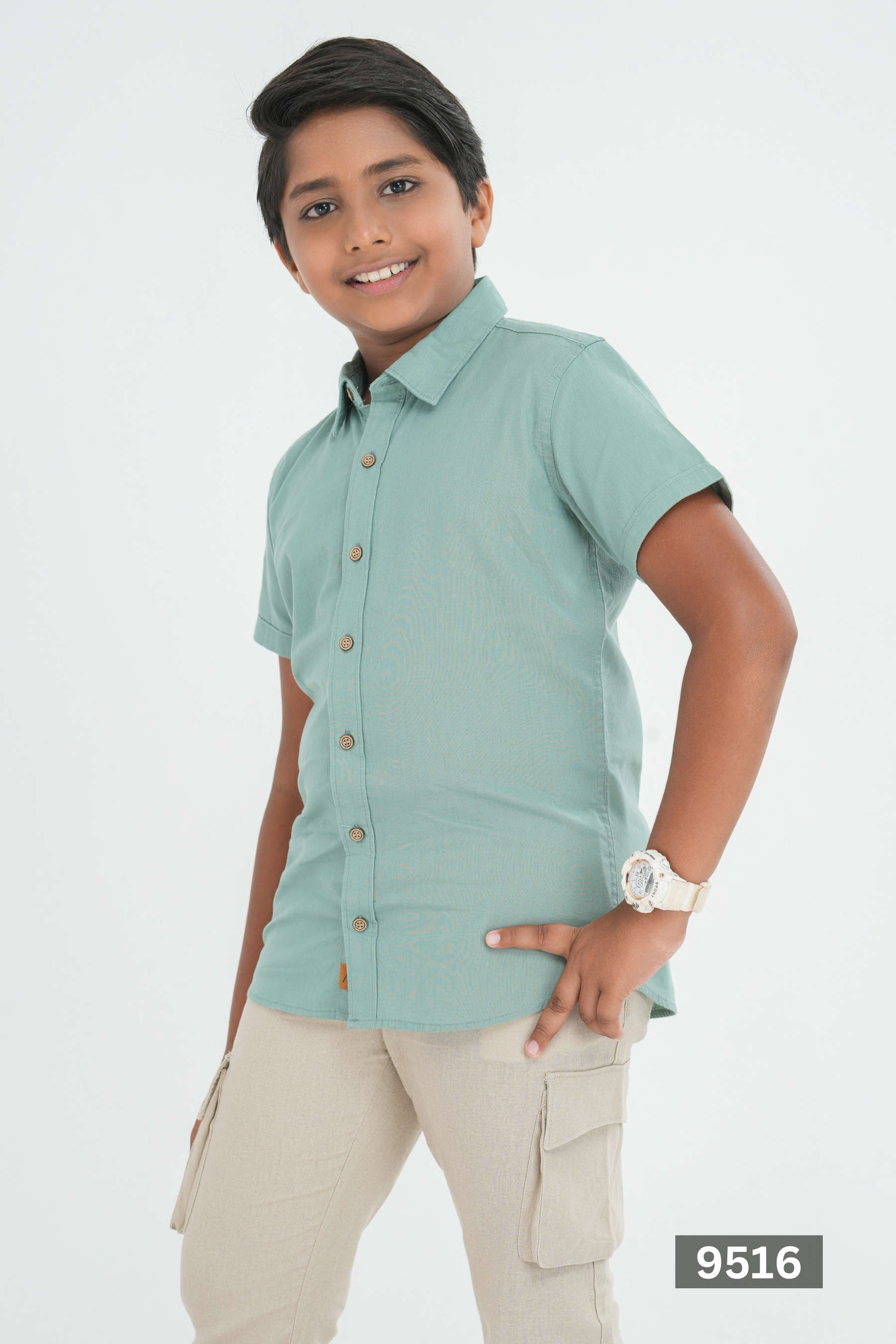 NORMAL COLLAR JUNIOR LINEN COTTON SHORT SLEEVE SHIRT - MOSS GREEN