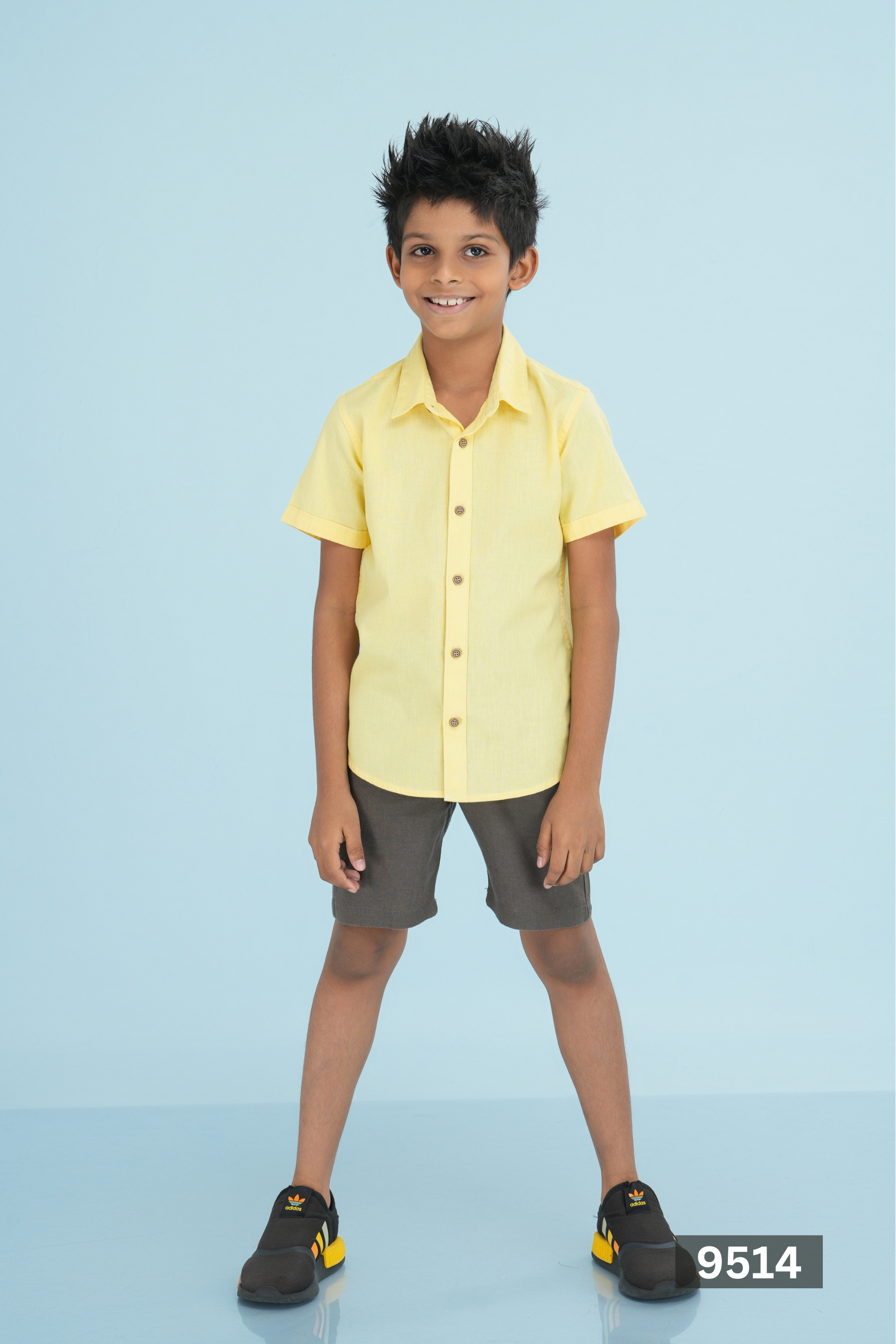 NORMAL COLLAR JUNIOR LINEN COTTON SHORT SLEEVE SHIRT - YELLOW