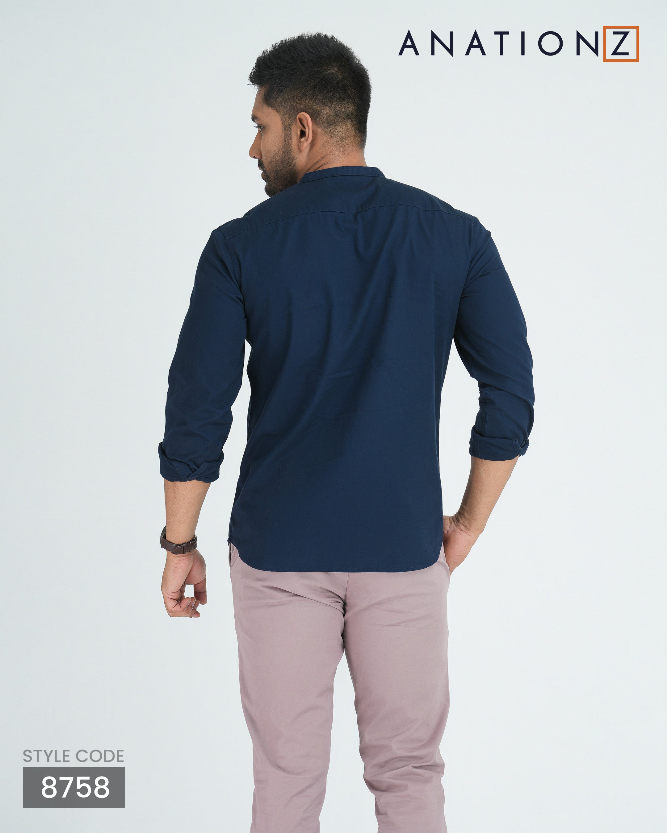 Tailored Peach Twill Long Sleeve Shirt Chinese Collar - Midnight Blue