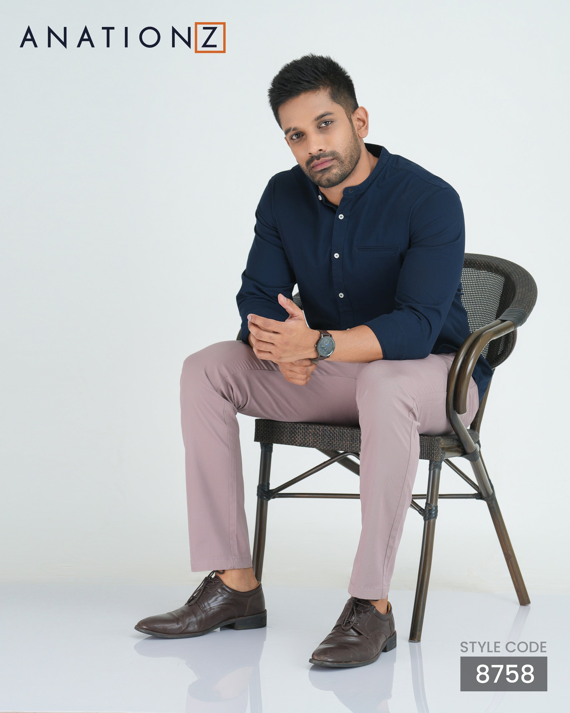 Tailored Peach Twill Long Sleeve Shirt Chinese Collar - Midnight Blue