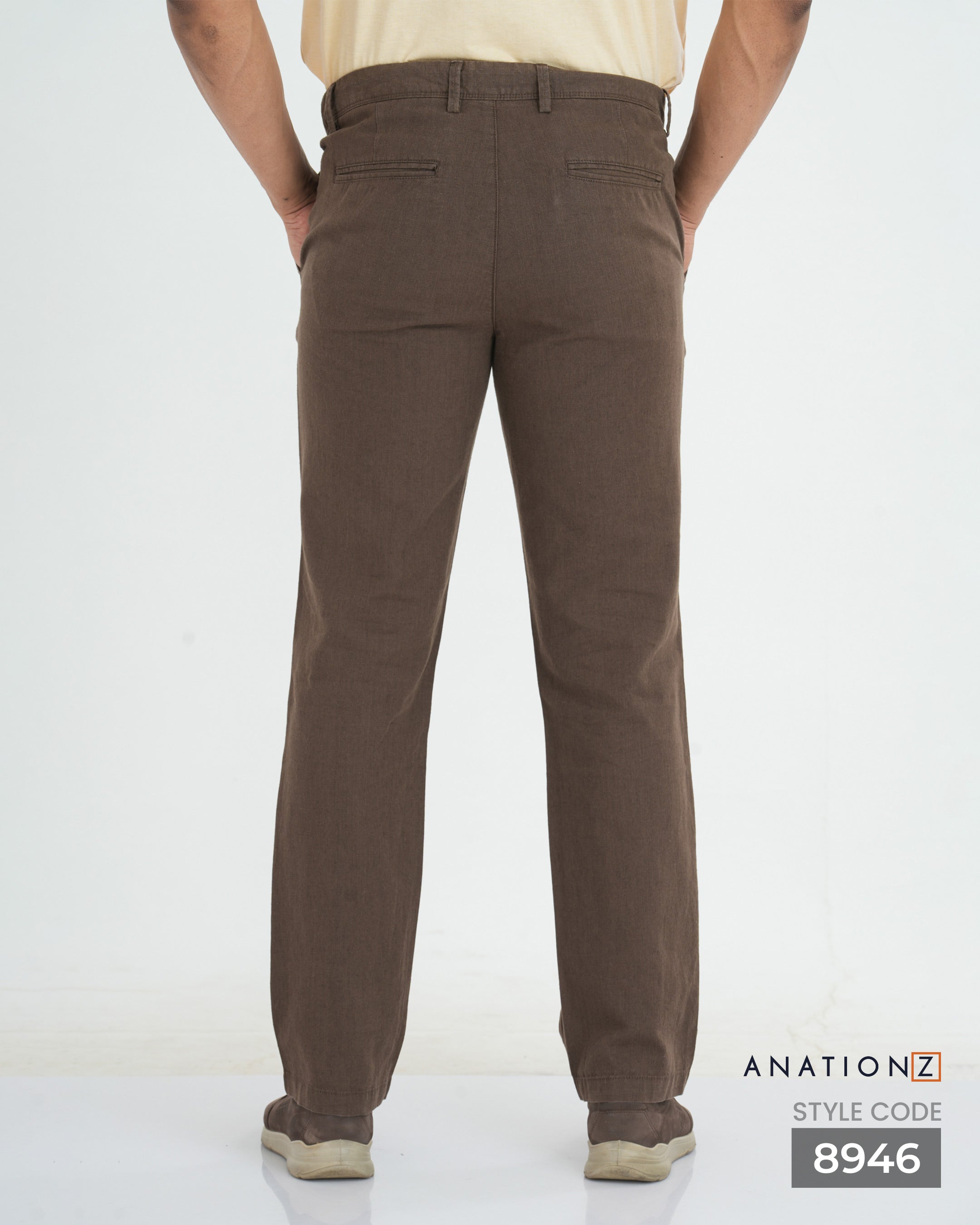 Linen Cotton Slim Pant with Signature Embroidery - Brown