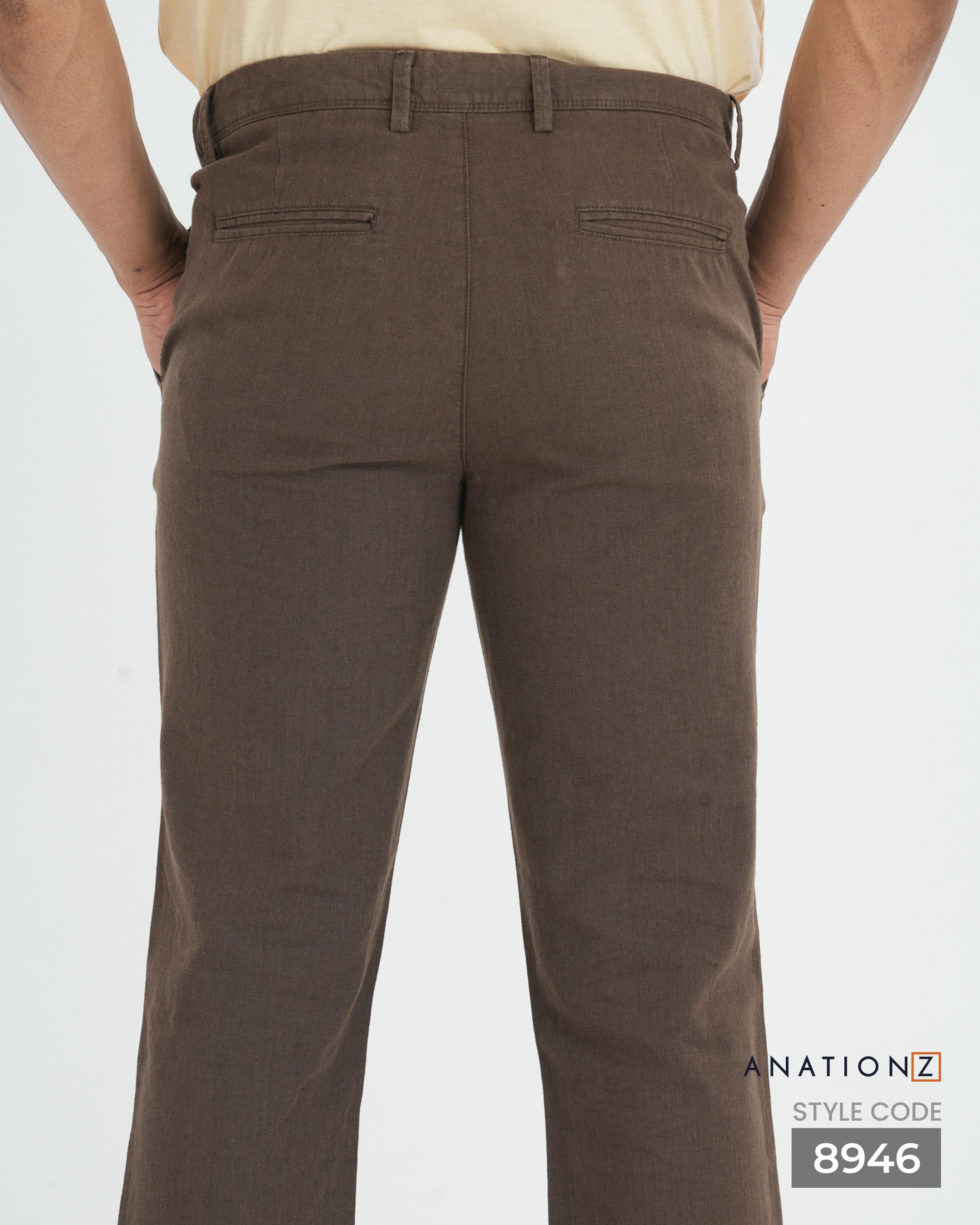 Linen Cotton Slim Pant with Signature Embroidery - Brown