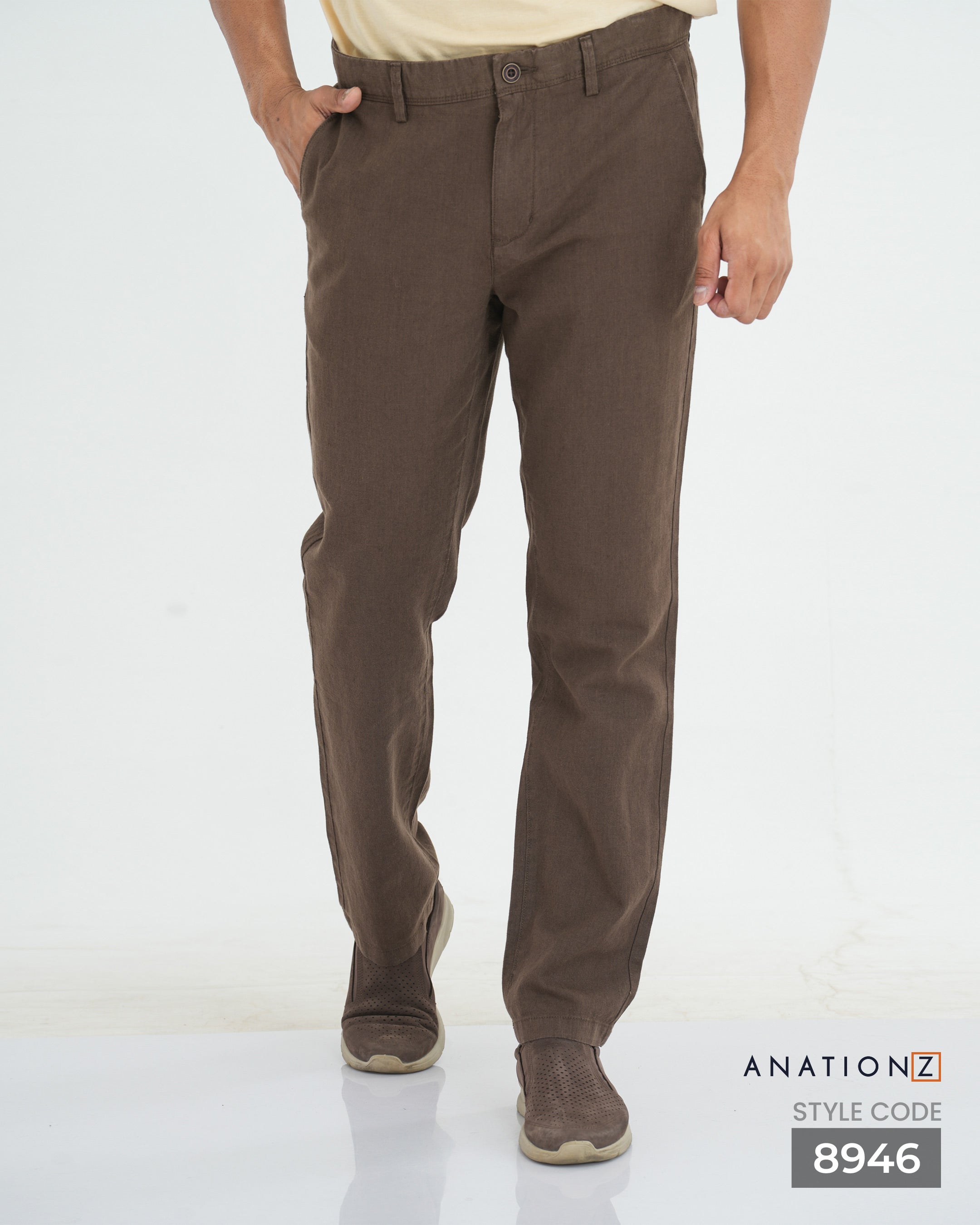Linen Cotton Slim Pant with Signature Embroidery - Brown