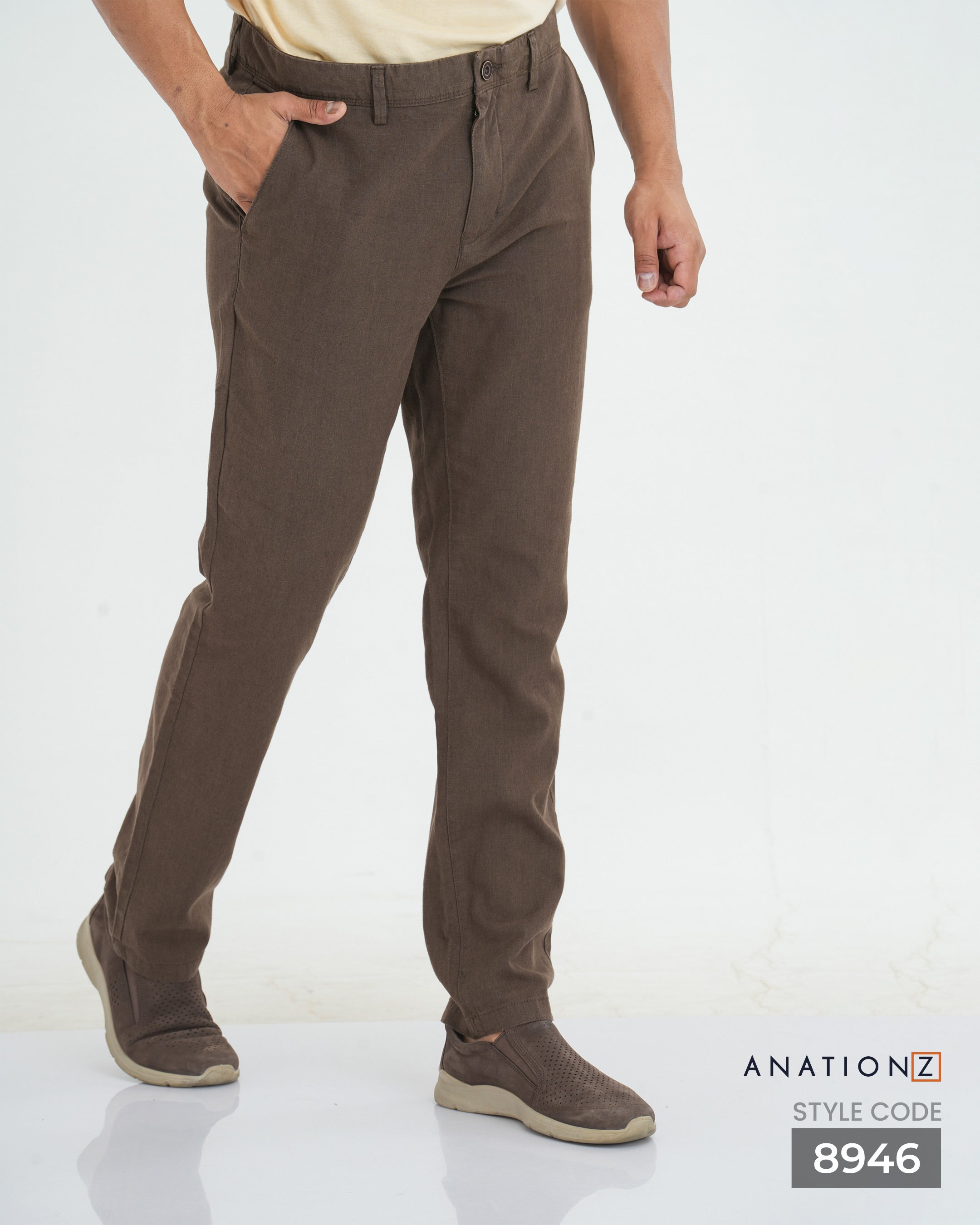Linen Cotton Slim Pant with Signature Embroidery - Brown