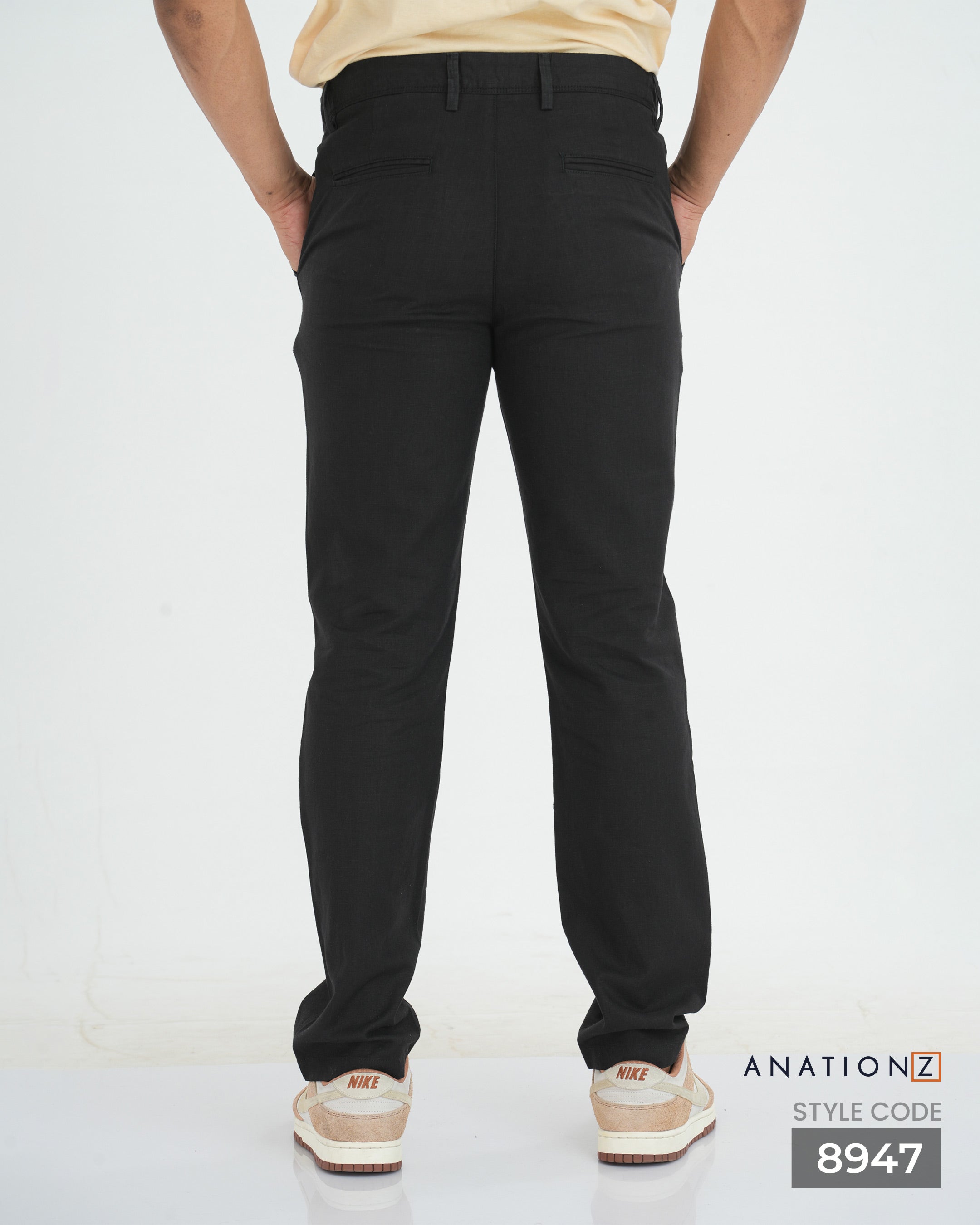 Linen Cotton Slim Pant with Signature Embroidery - Black