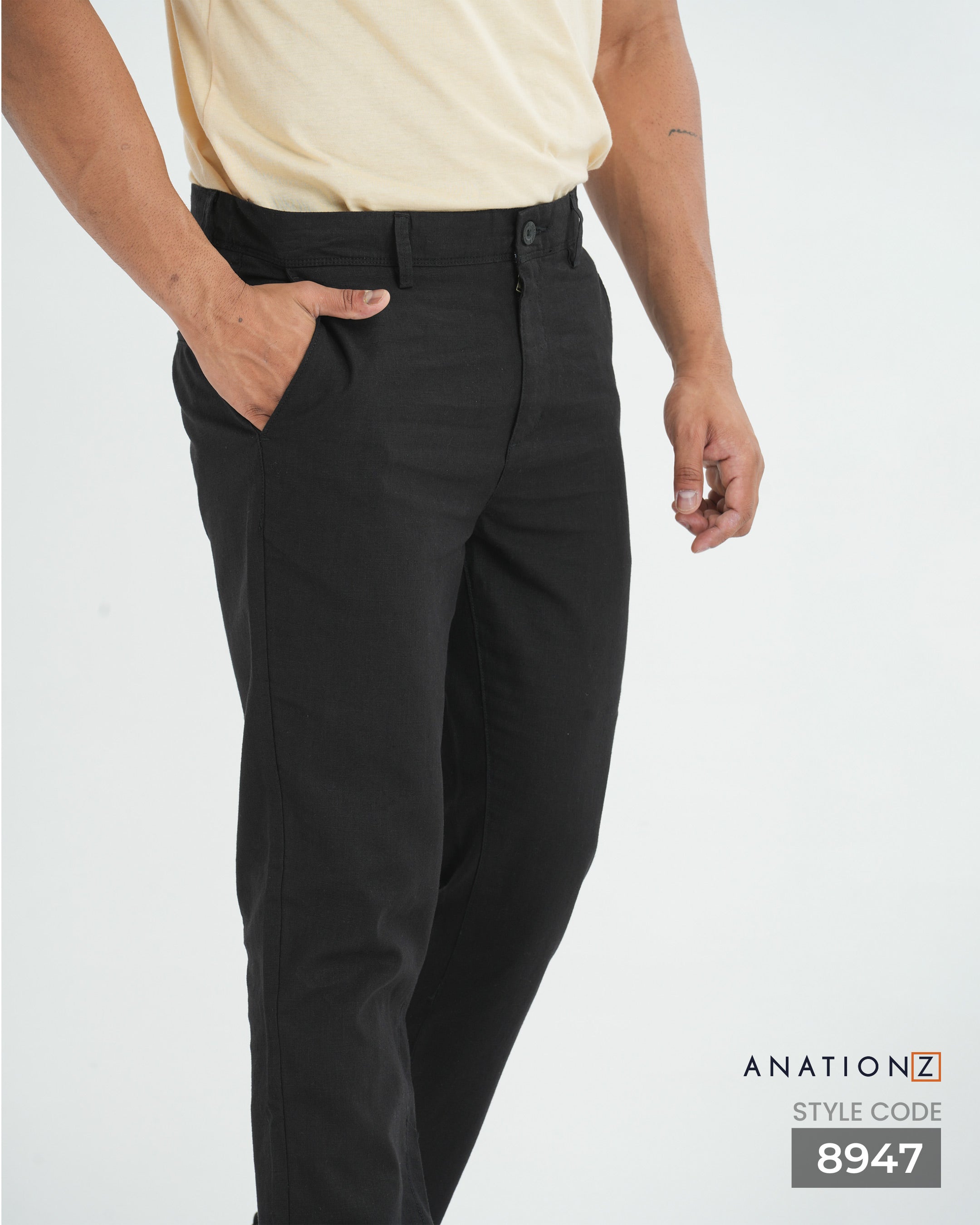 Linen Cotton Slim Pant with Signature Embroidery - Black