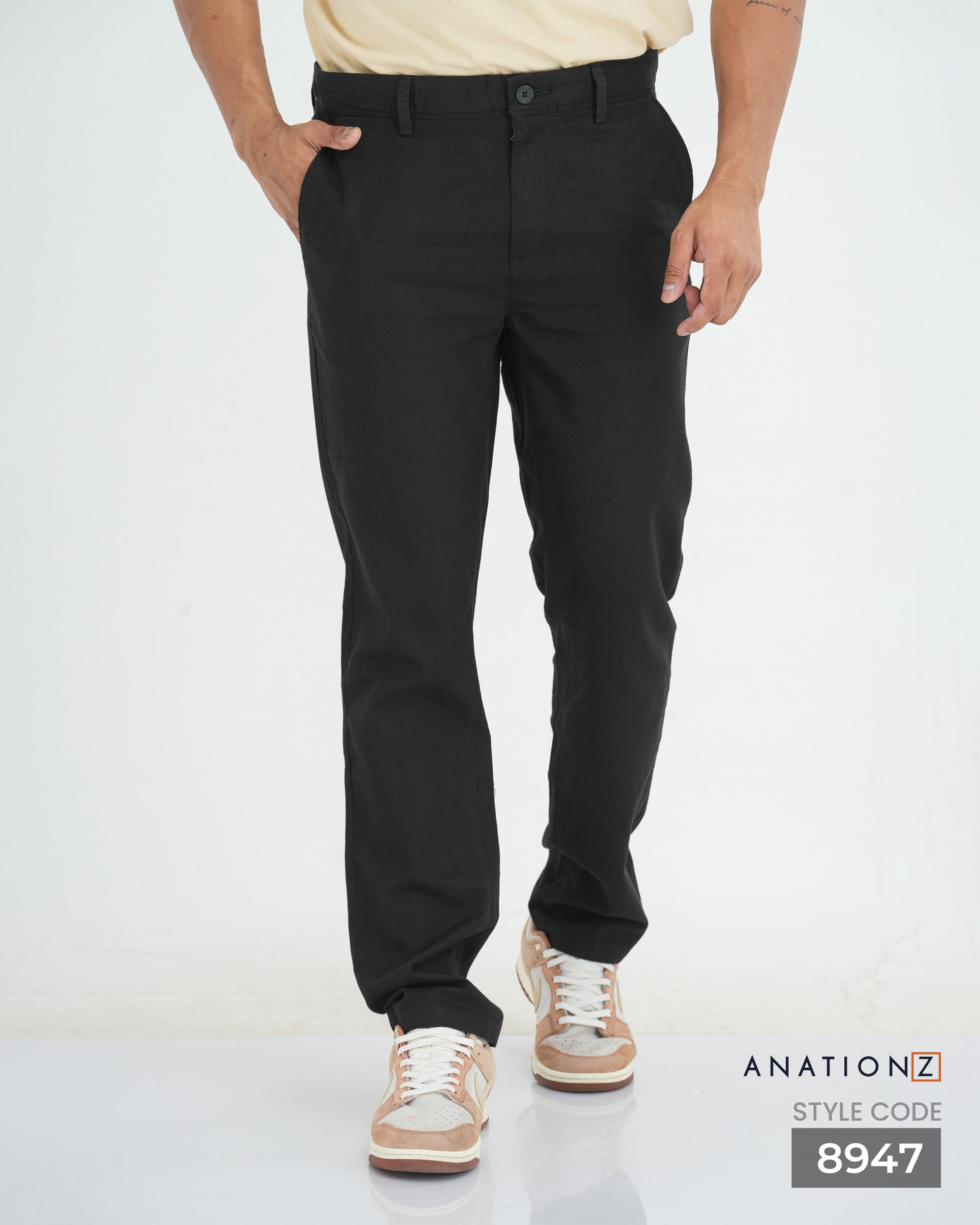 Linen Cotton Slim Pant with Signature Embroidery - Black