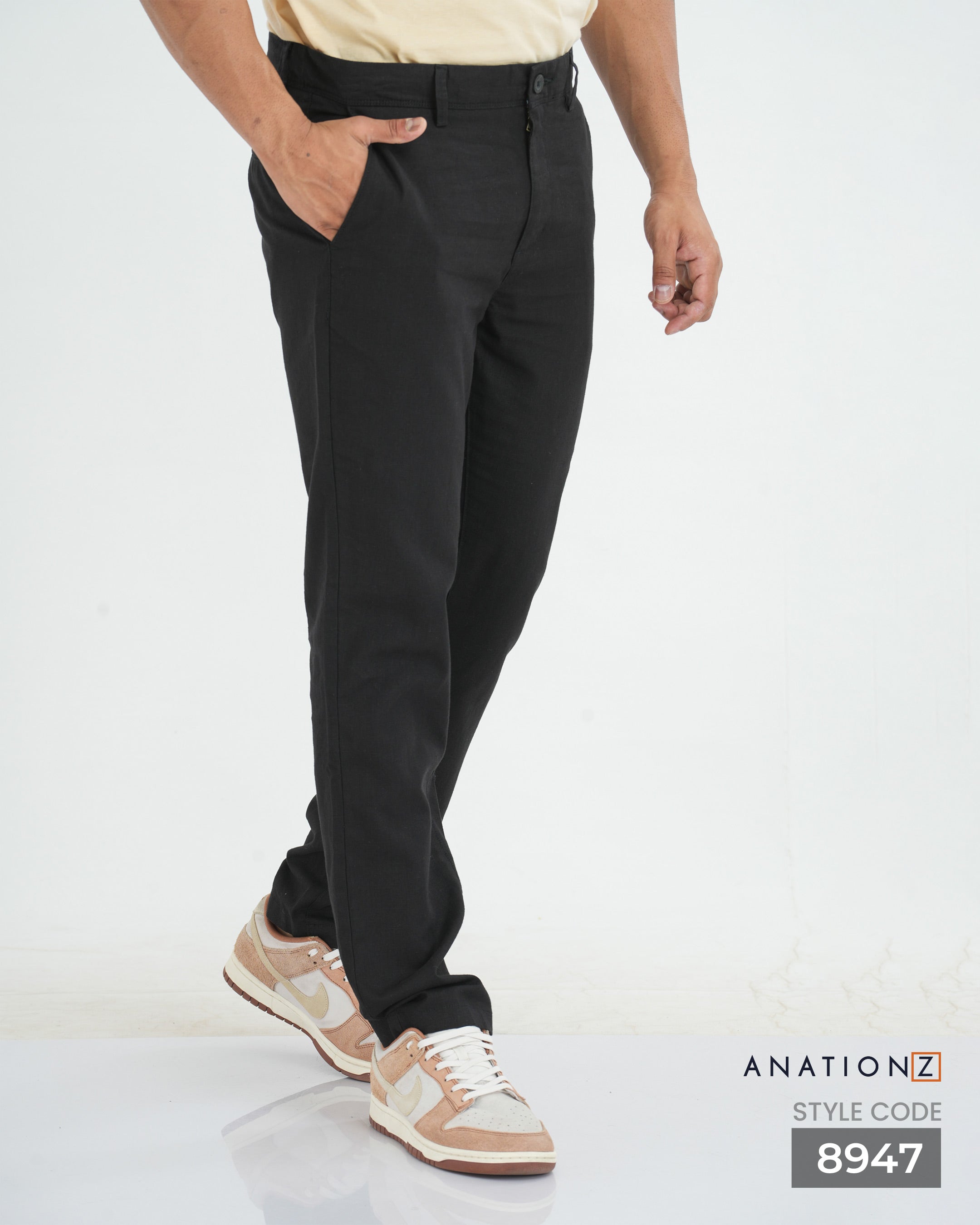 Linen Cotton Slim Pant with Signature Embroidery - Black