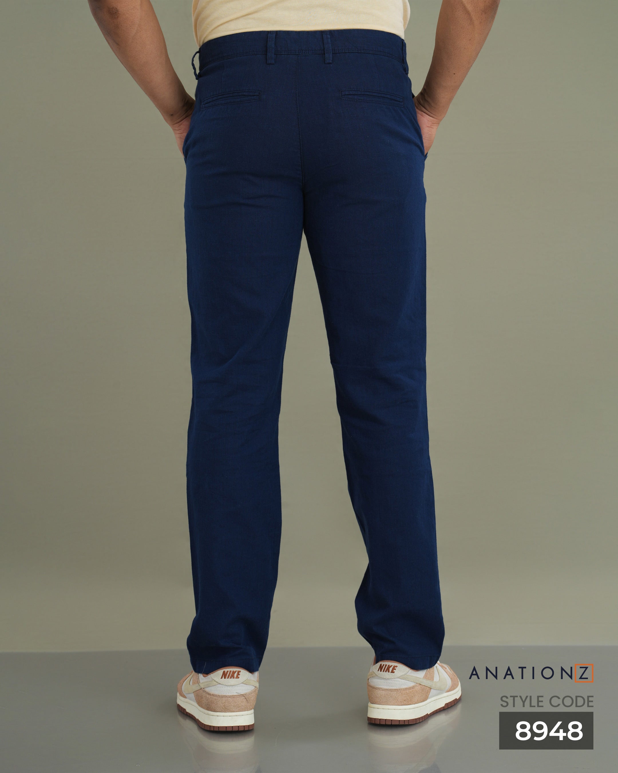 Linen Cotton Slim Pant with Signature Embroidery - Navy