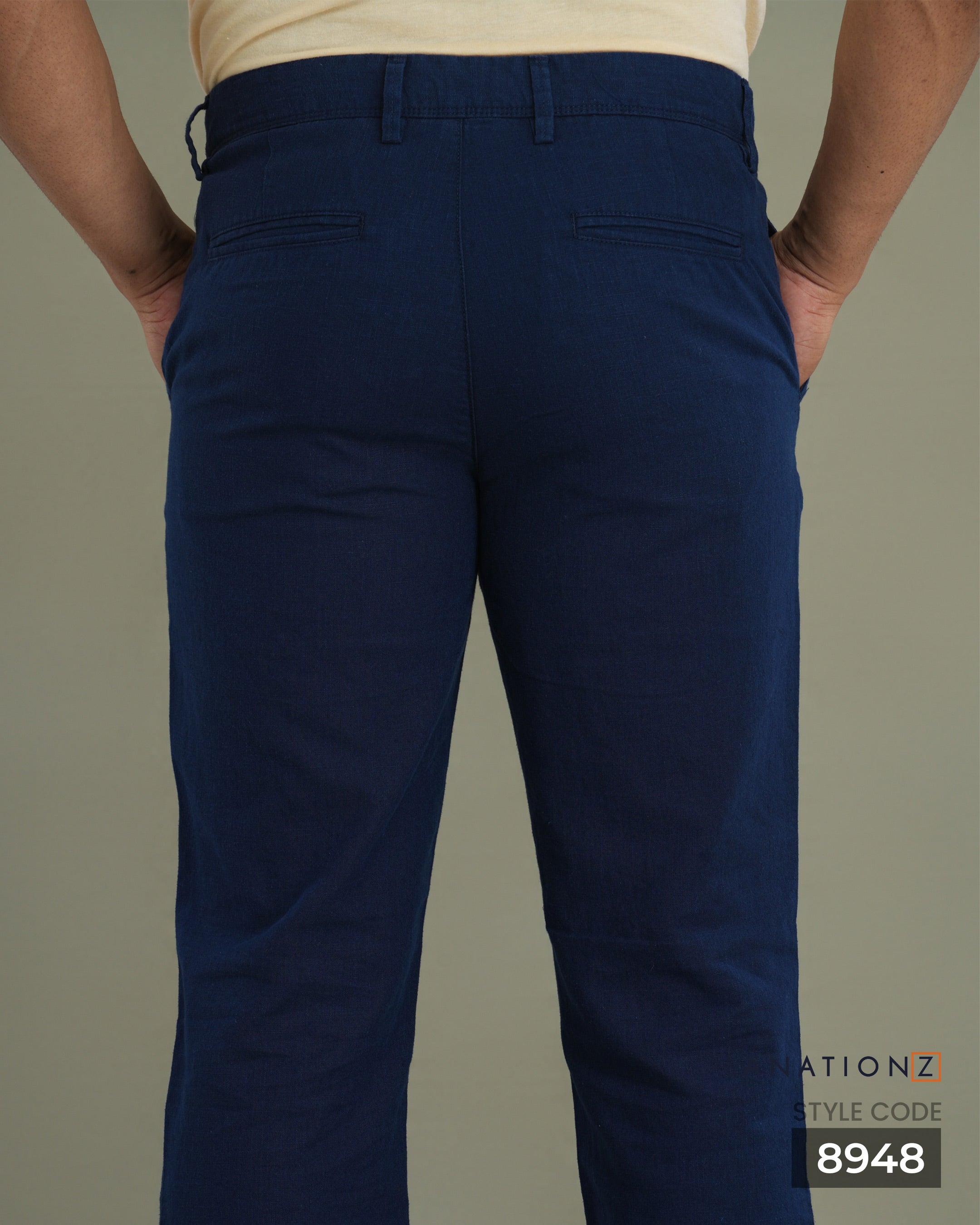Linen Cotton Slim Pant with Signature Embroidery - Navy