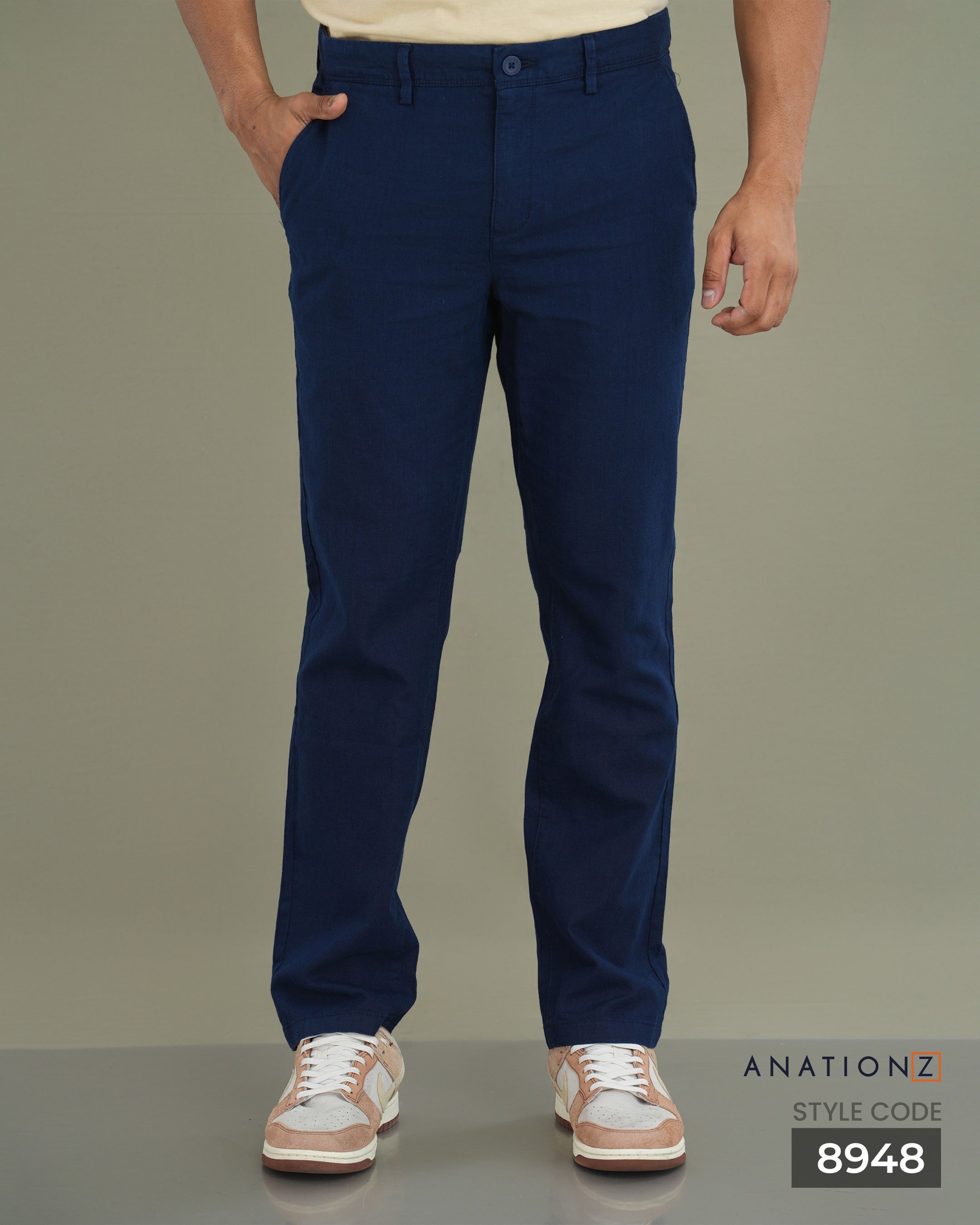 Linen Cotton Slim Pant with Signature Embroidery - Navy