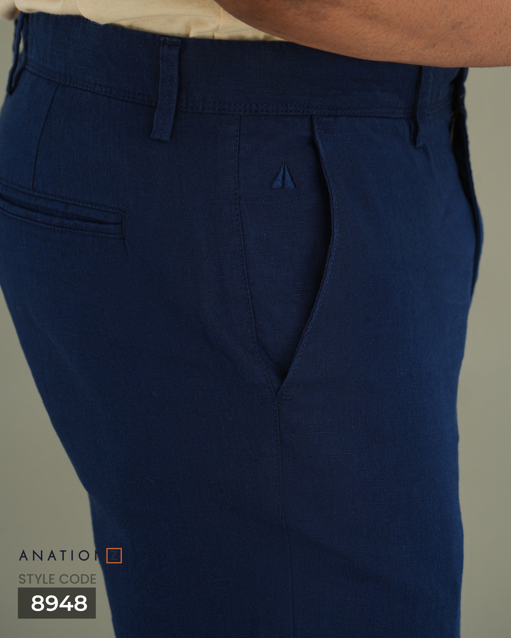Linen Cotton Slim Pant with Signature Embroidery - Navy