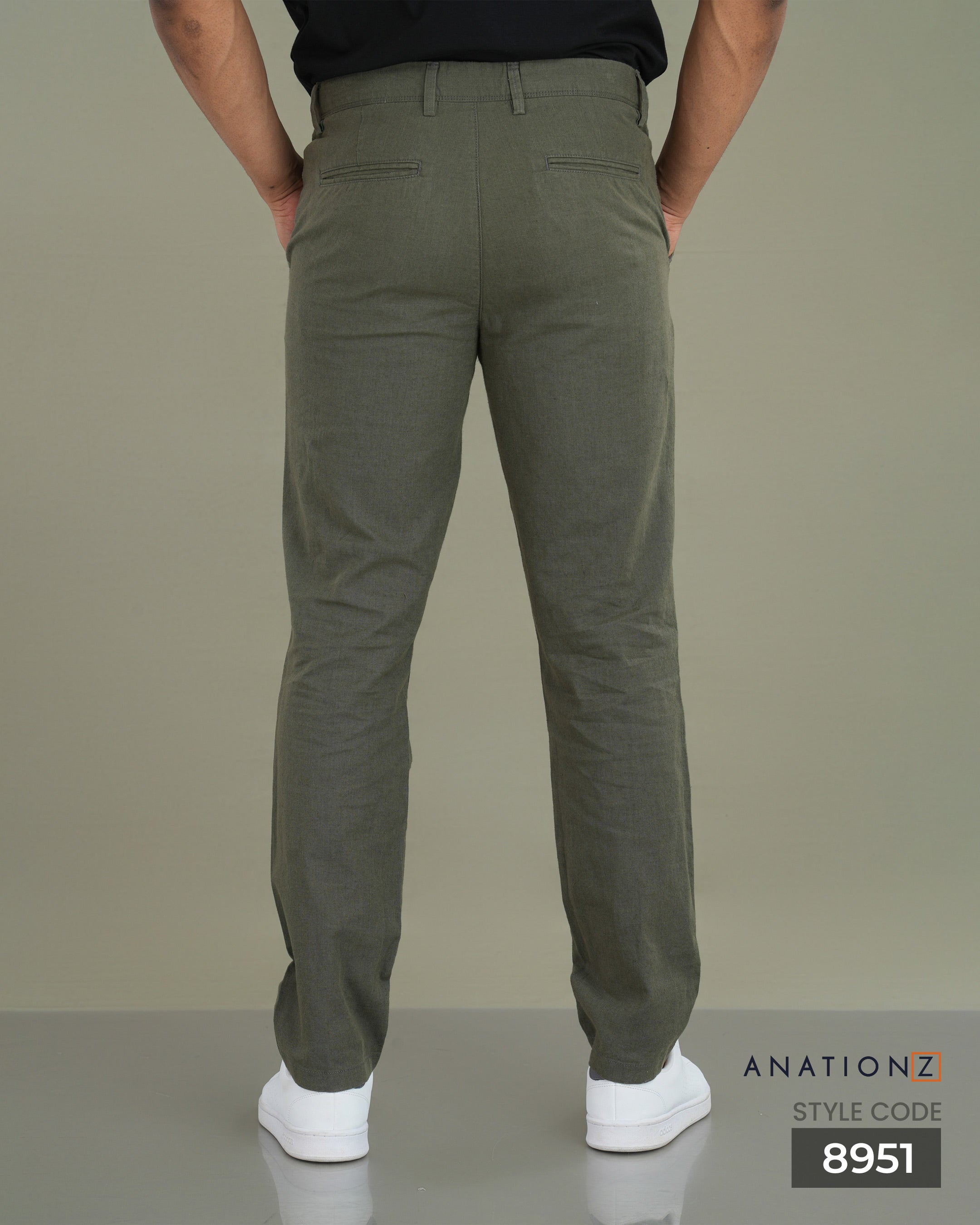 Linen Cotton Slim Pant with Signature Embroidery - Olive