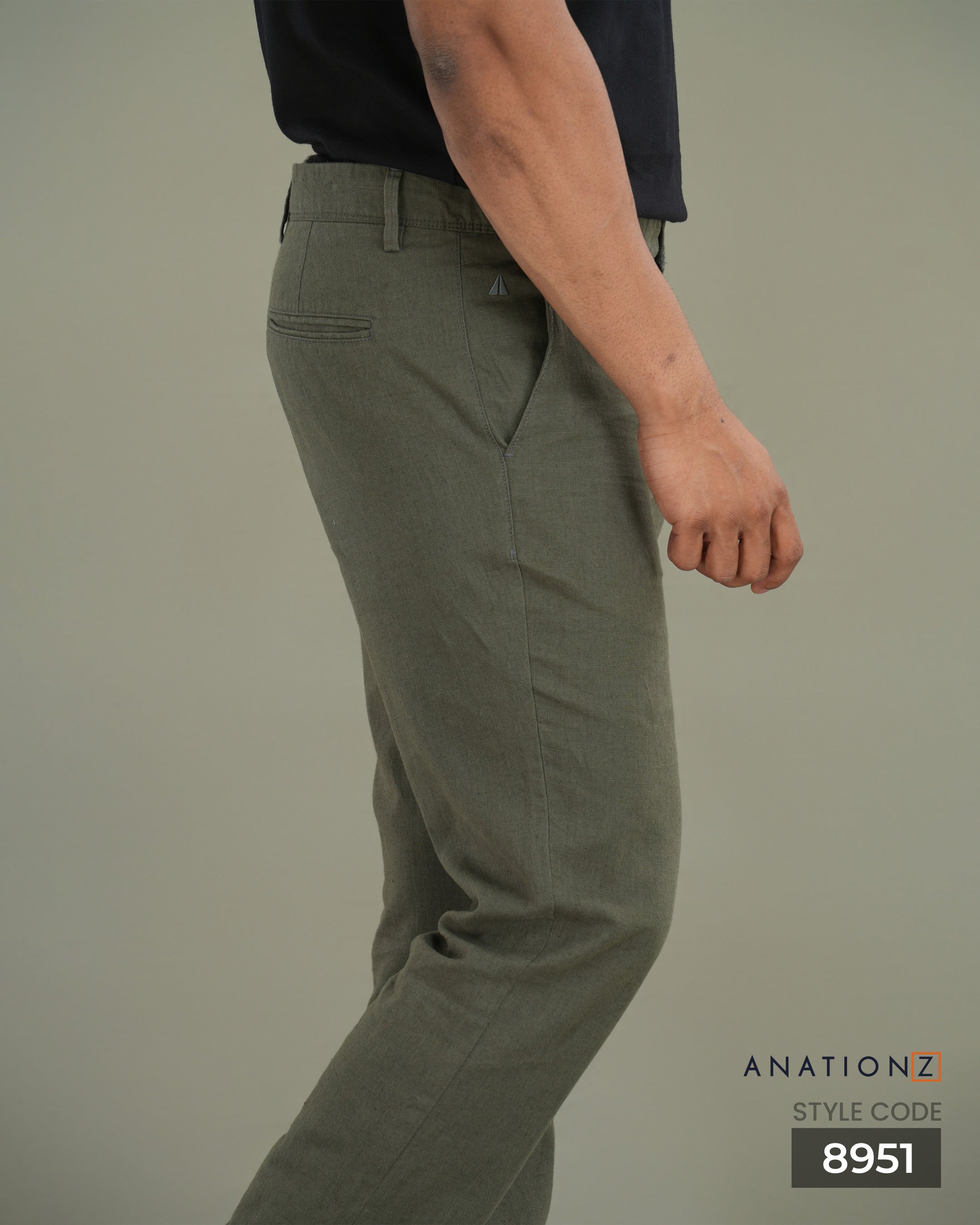 Linen Cotton Slim Pant with Signature Embroidery - Olive