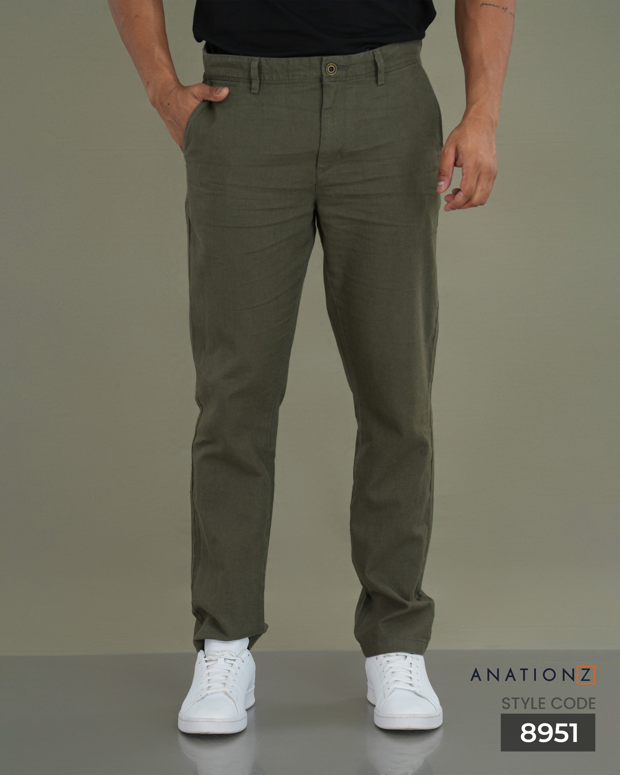 Linen Cotton Slim Pant with Signature Embroidery - Olive