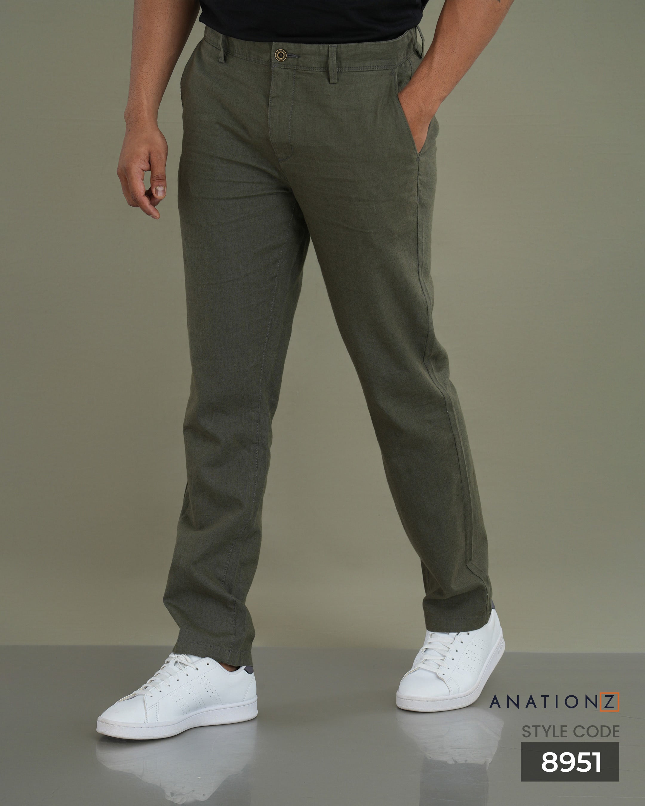 Linen Cotton Slim Pant with Signature Embroidery - Olive
