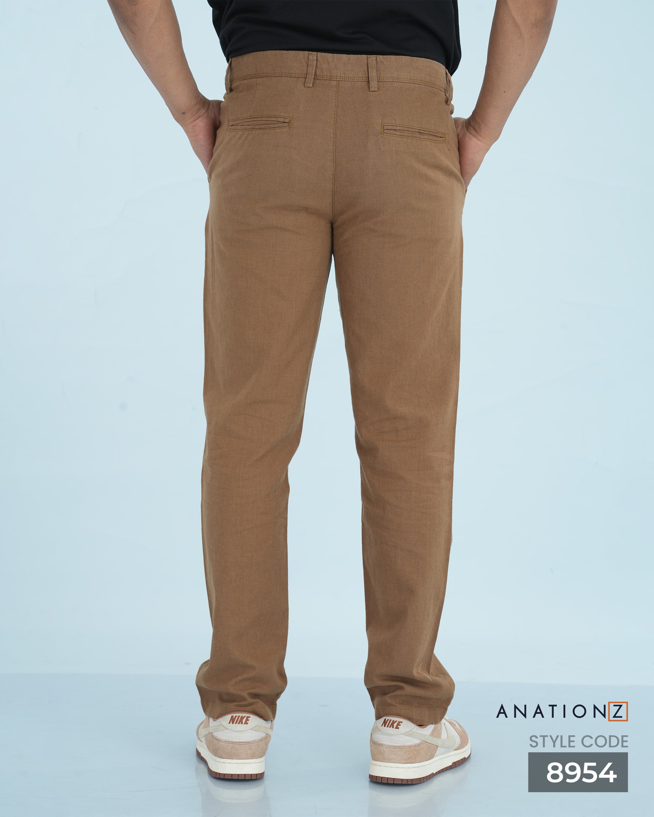 Linen Cotton Slim Pant with Signature Embroidery - Caramel