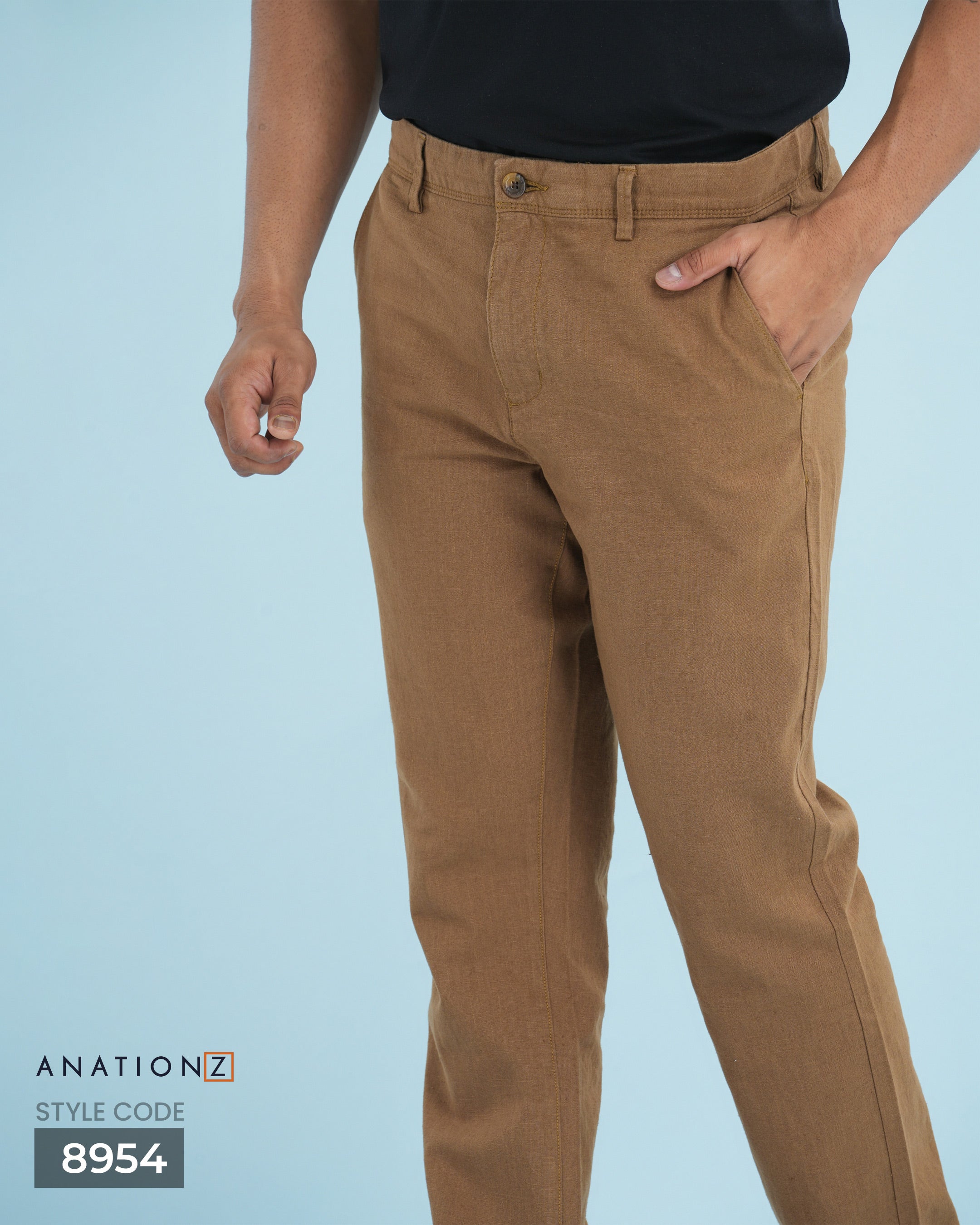 Linen Cotton Slim Pant with Signature Embroidery - Caramel