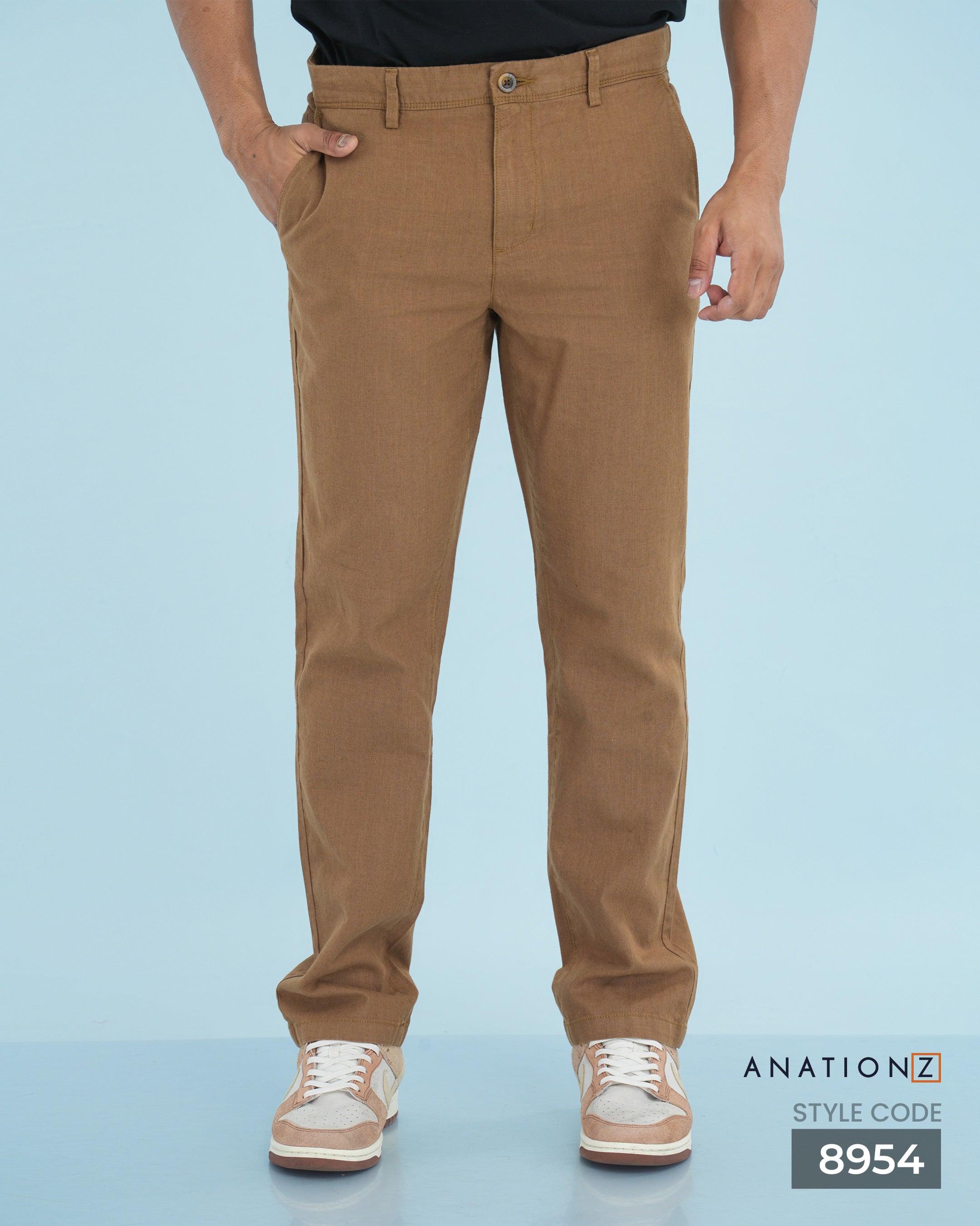 Linen Cotton Slim Pant with Signature Embroidery - Caramel
